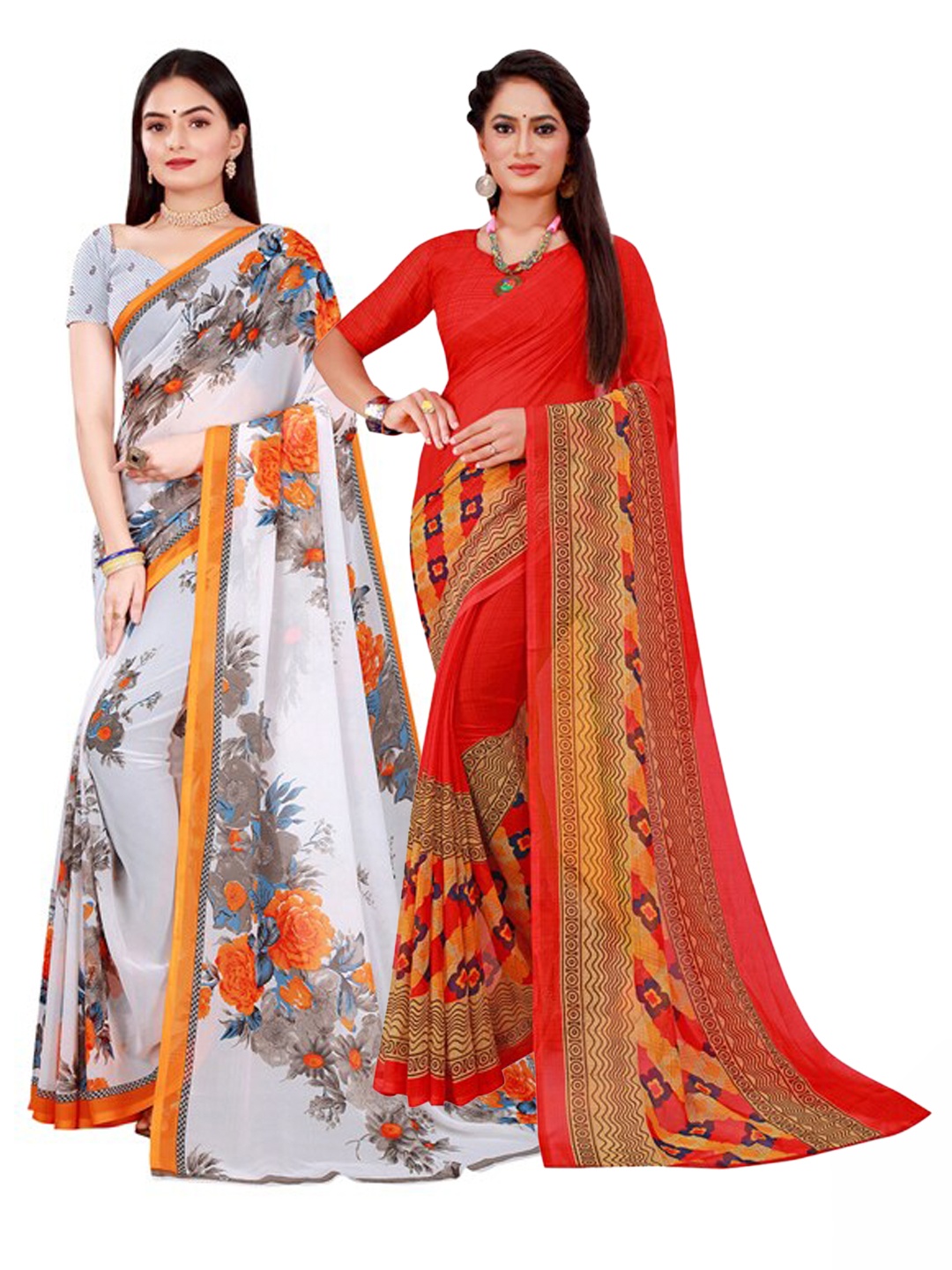 

Florence White & Orange Floral Pure Georgette Saree