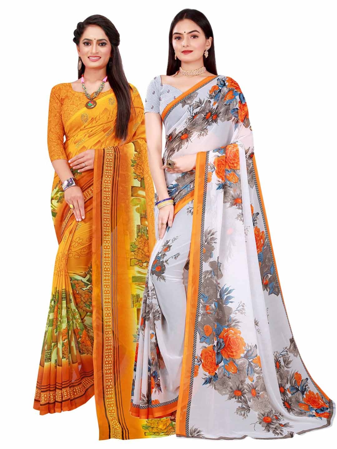 

Florence White & Mustard Pure Georgette Saree