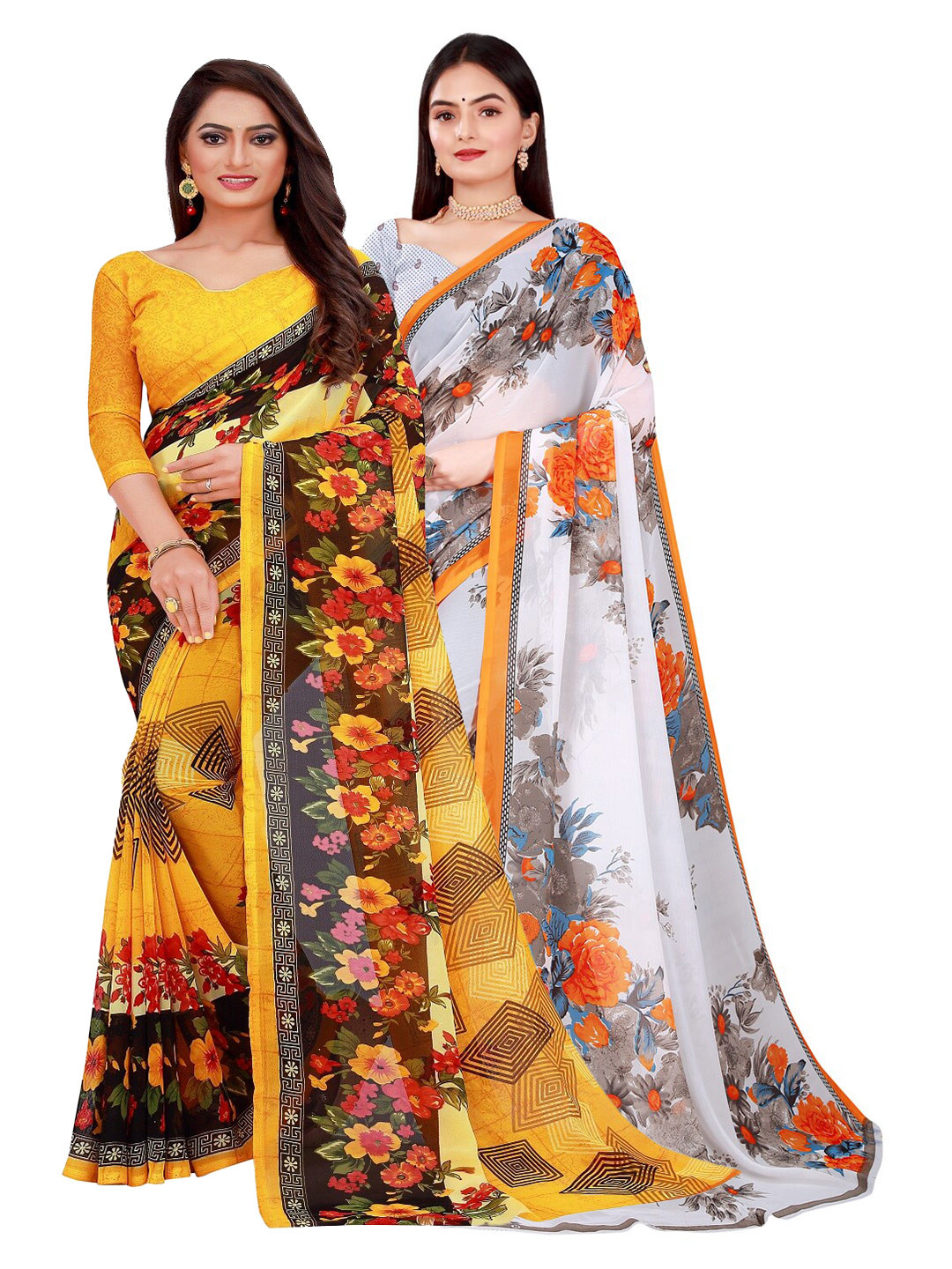 

Florence White & Yellow Floral Pure Georgette Saree