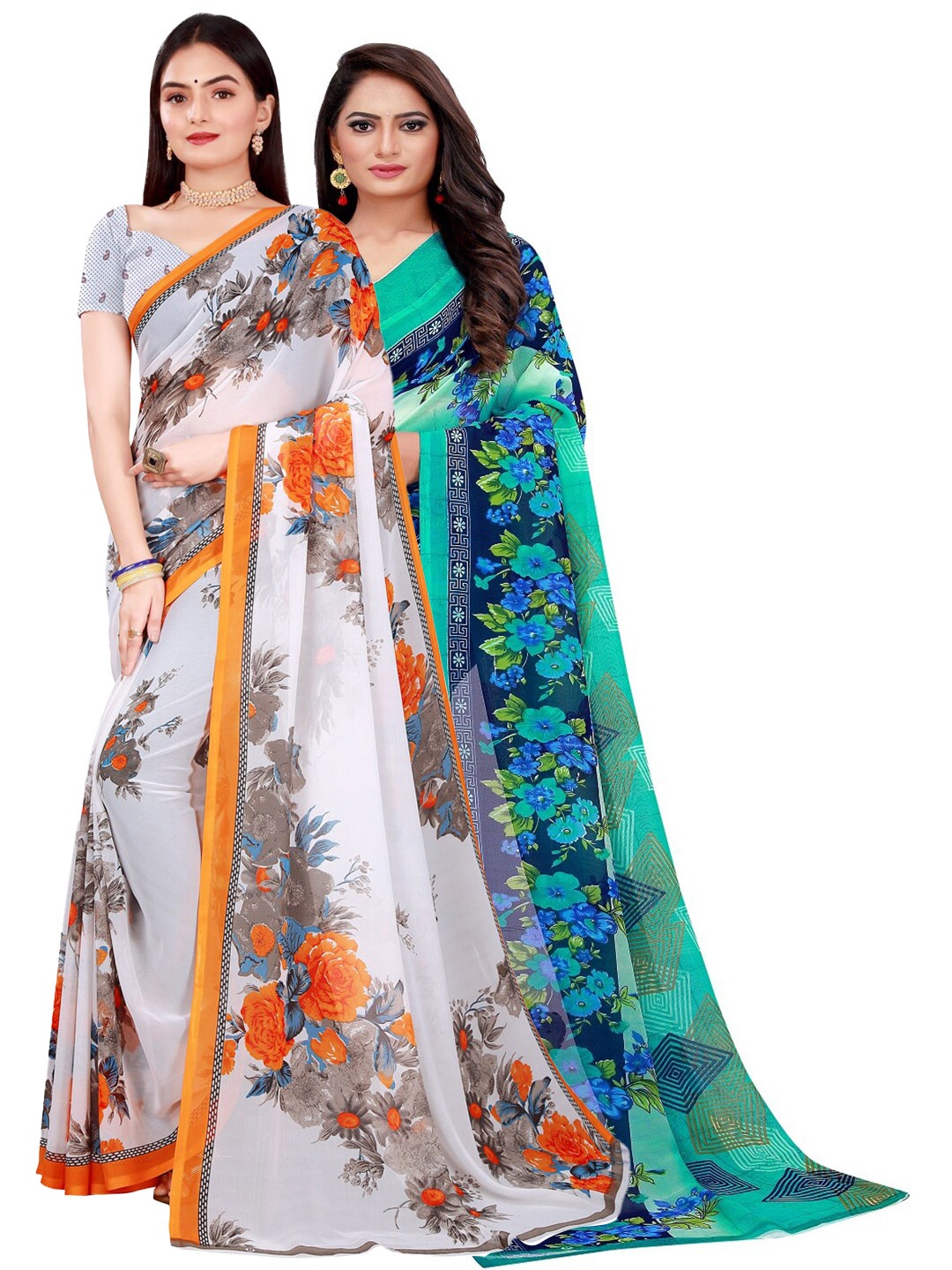 Florence White & Orange Pure Georgette Saree