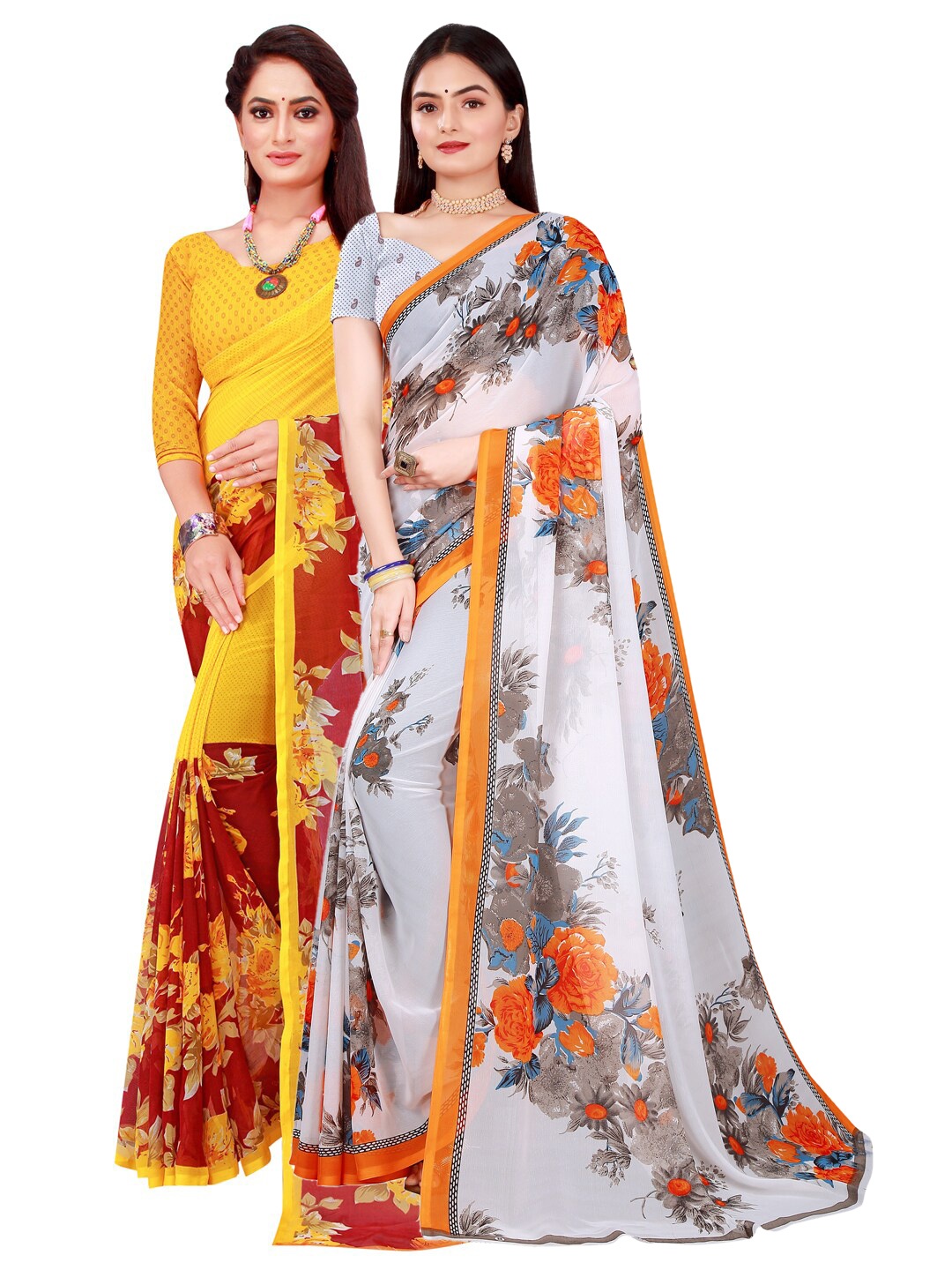 Florence White & Yellow Floral Pure Georgette Saree