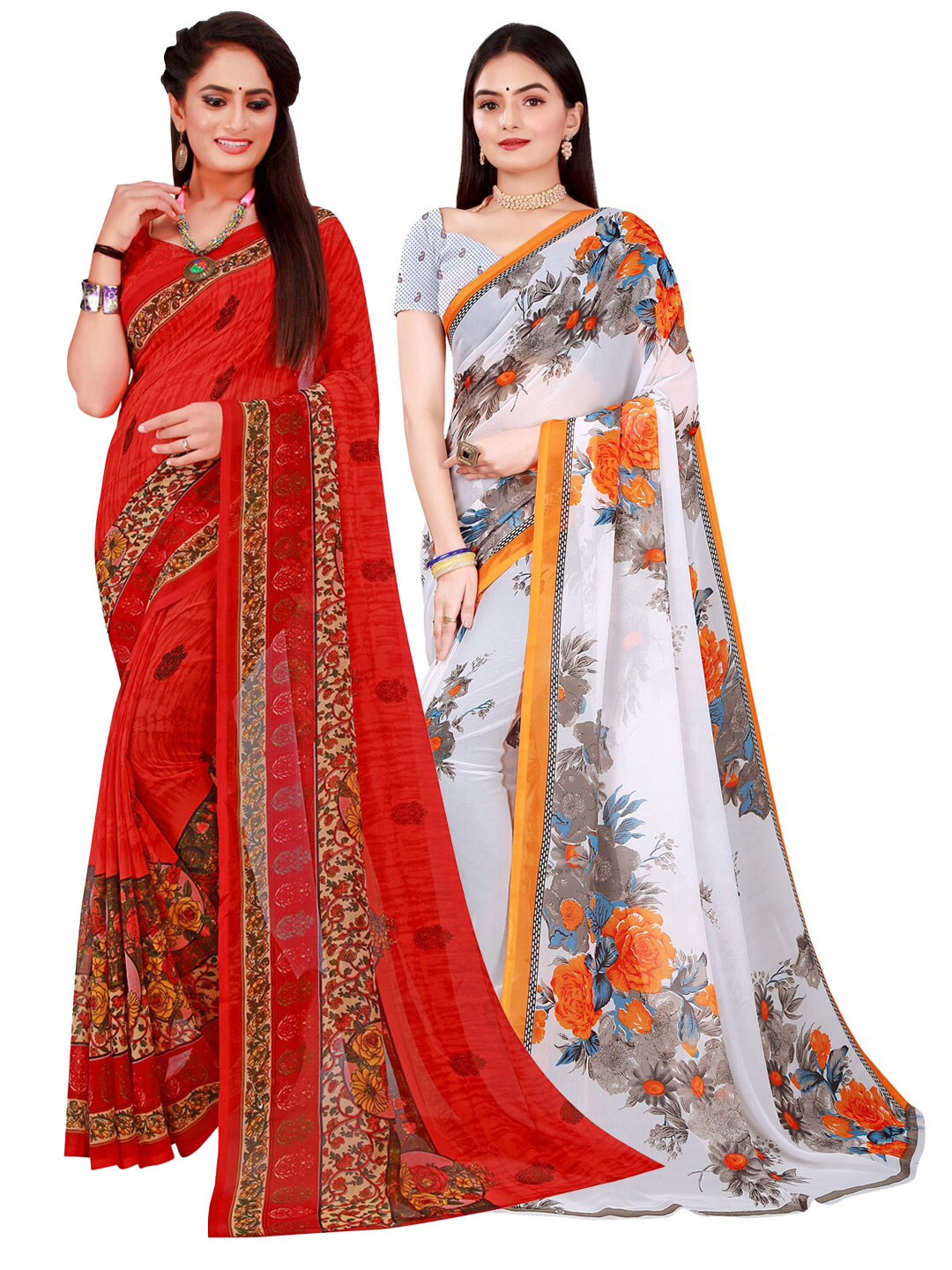 

Florence White & Red Floral Pure Georgette Saree