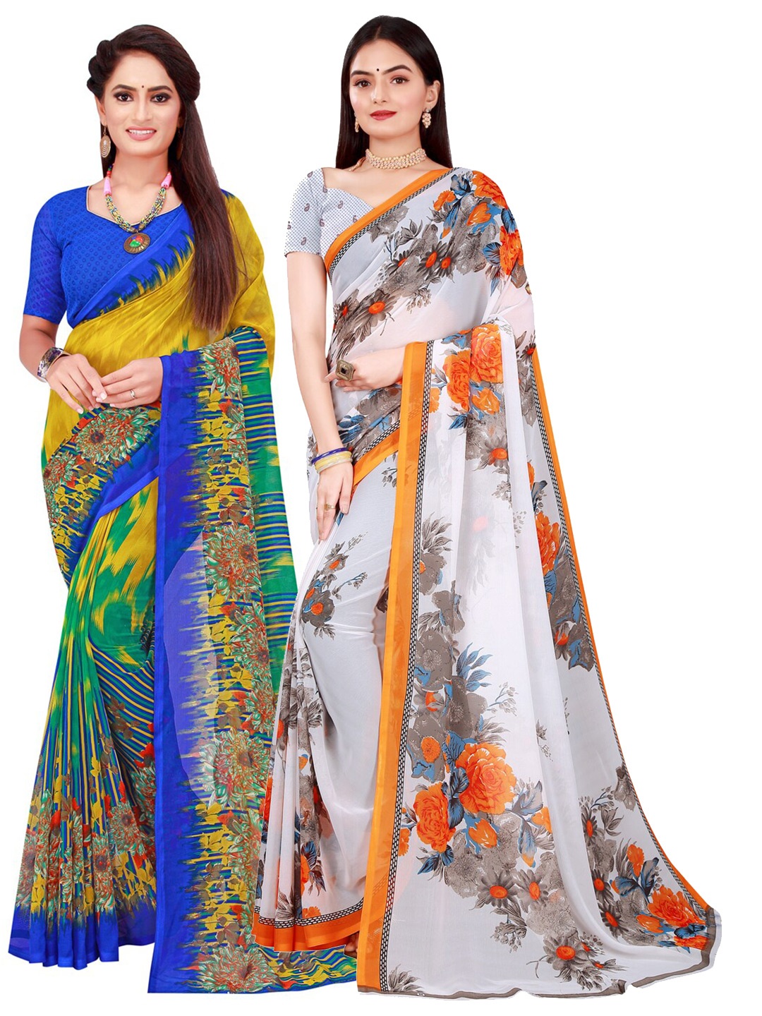 

Florence White & Blue Floral Pure Georgette Saree