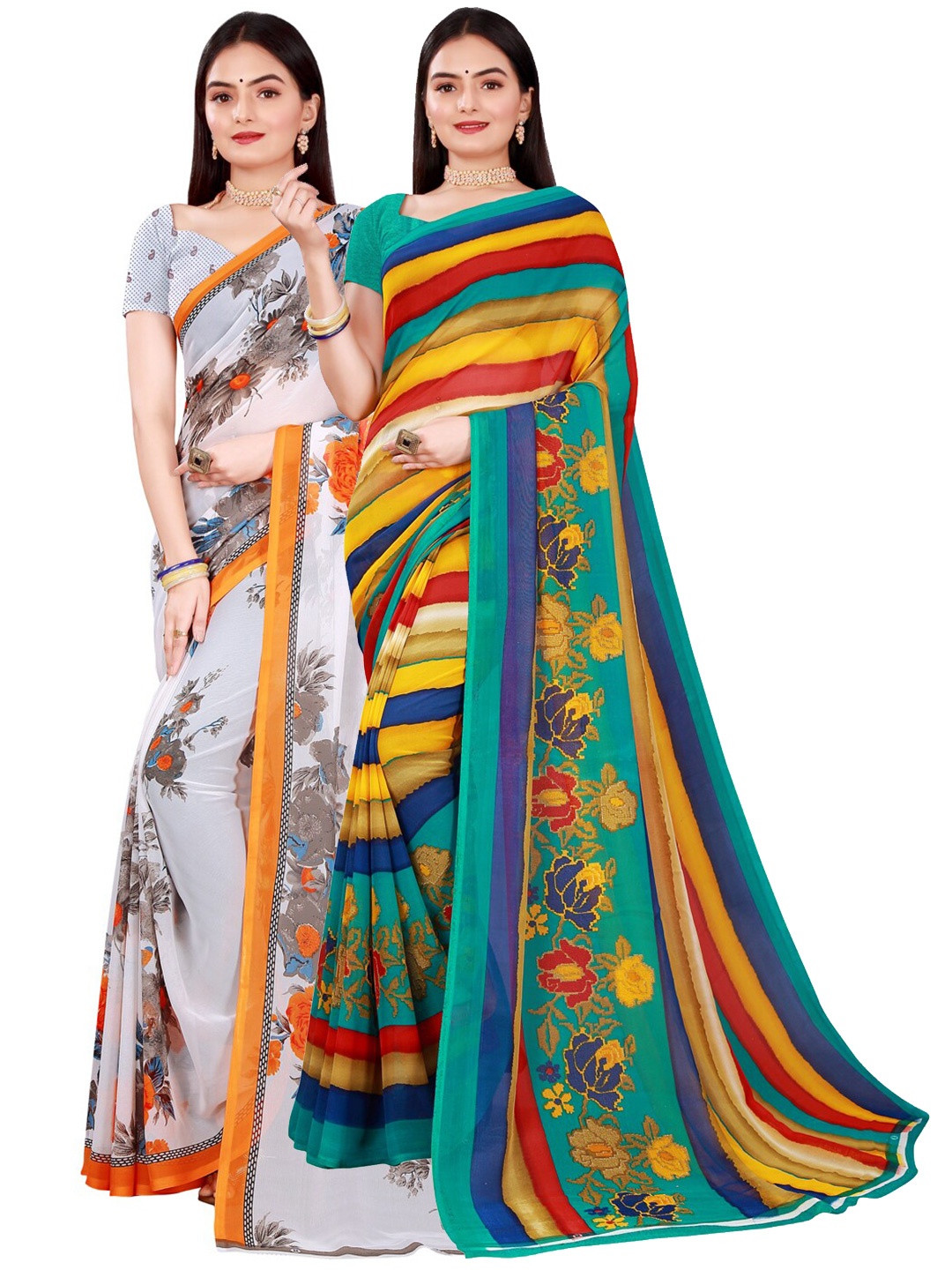 Florence White & Orange Floral Pure Georgette Saree