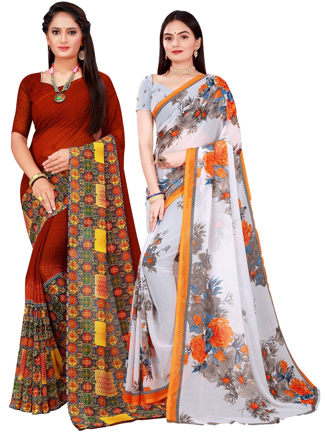 

Florence White & Orange Floral Pure Georgette Saree