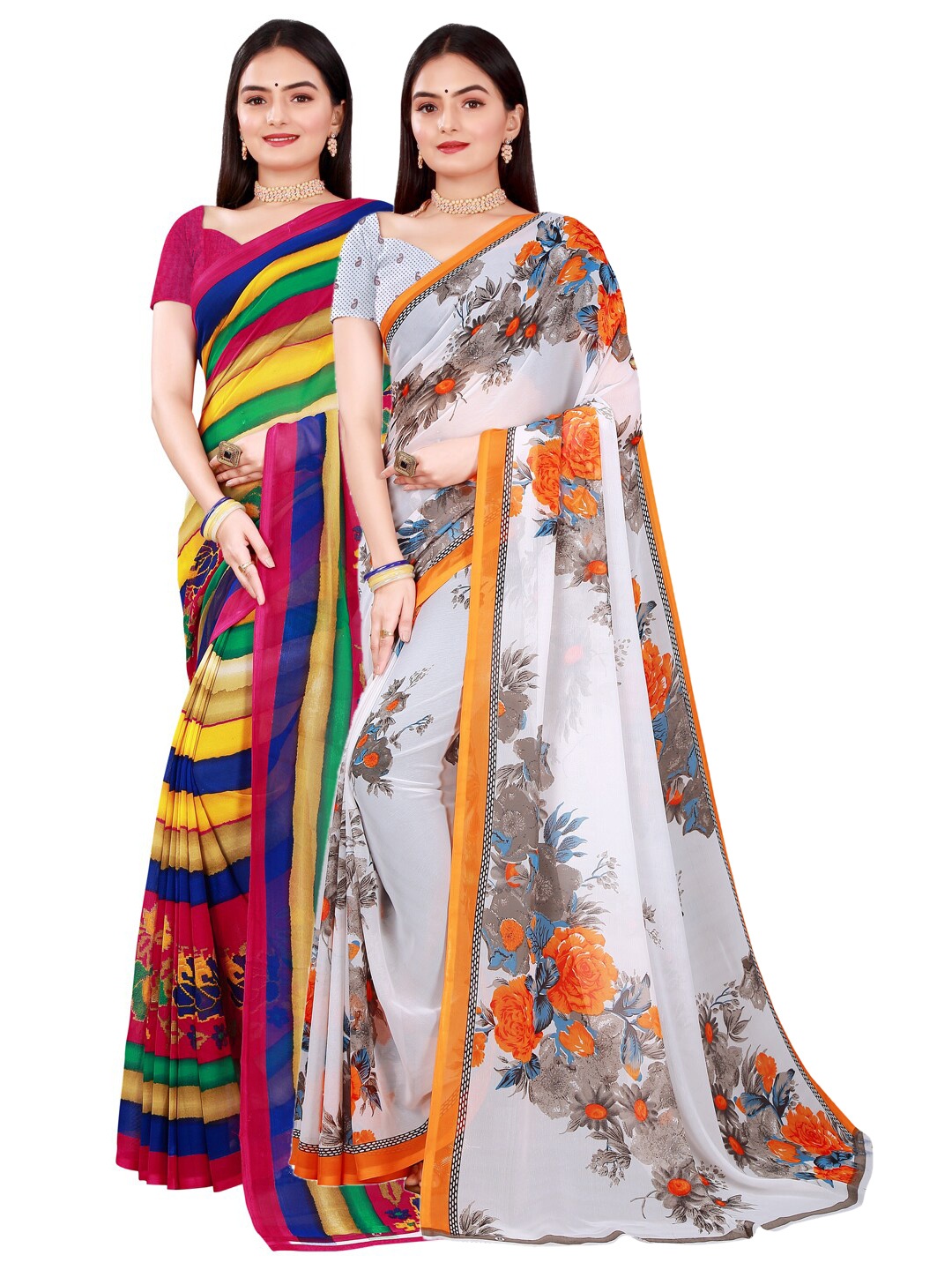 

Florence White & Orange Floral Pure Georgette Saree