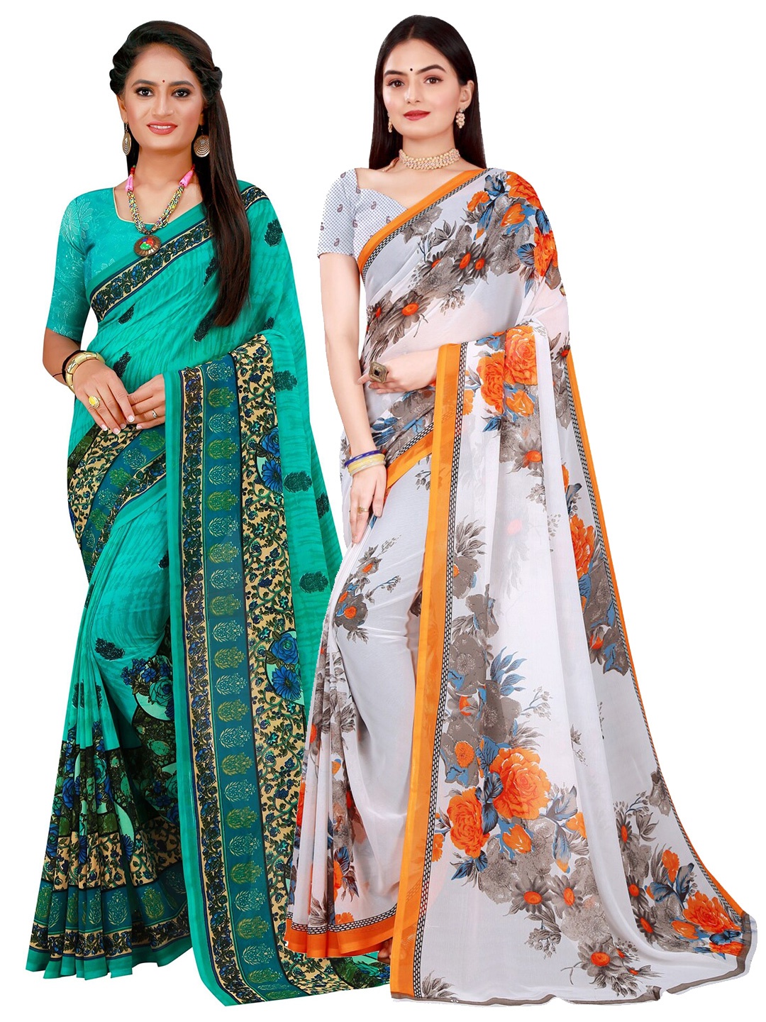Florence White & Teal Floral Pure Georgette Saree