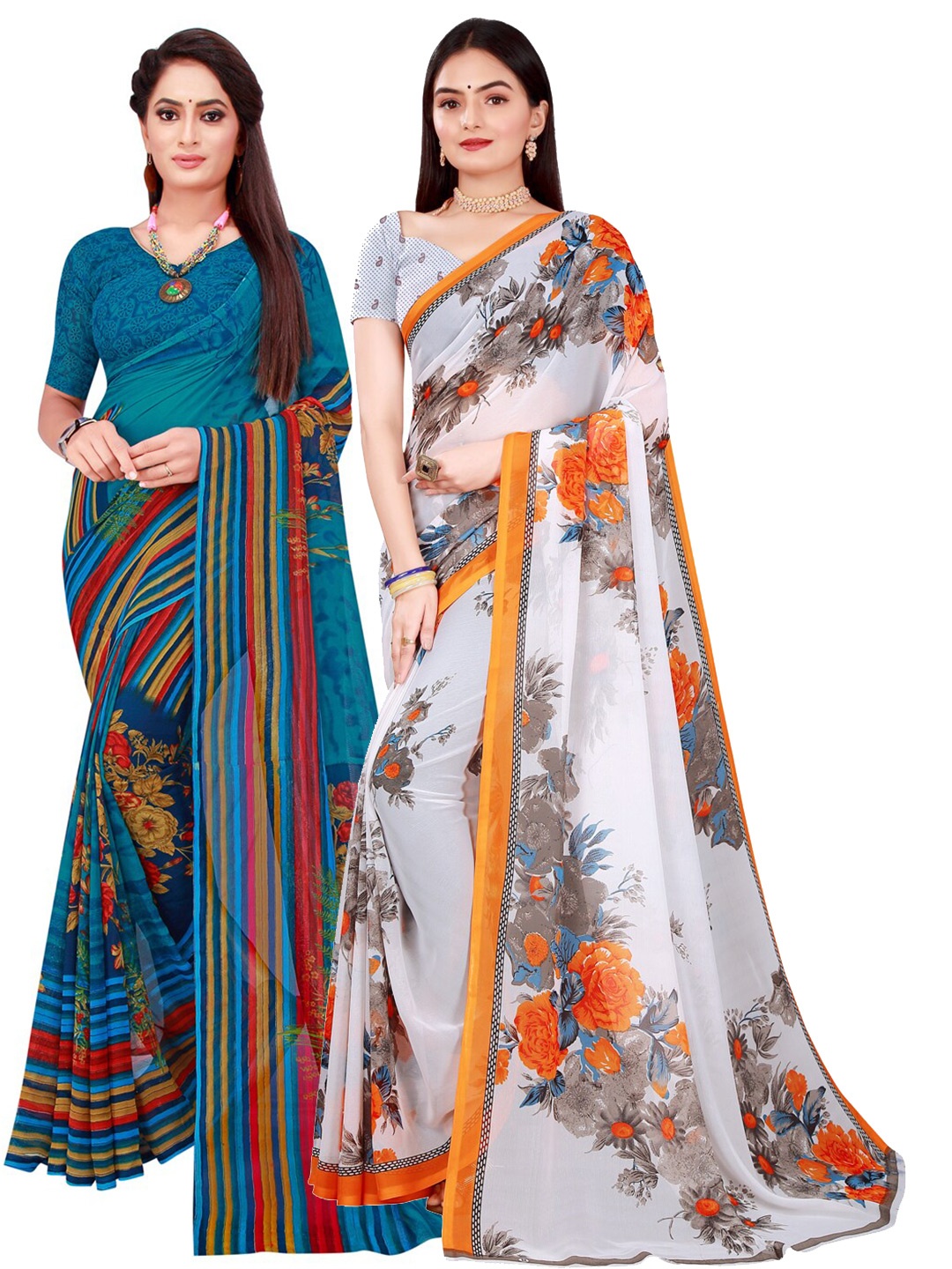 

Florence White & Blue Floral Pure Georgette Saree