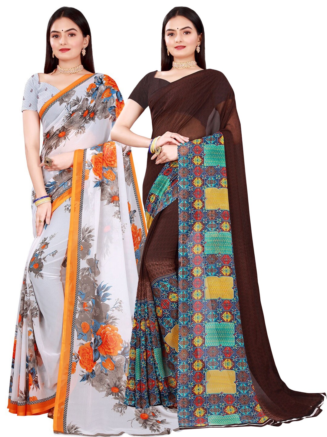 

Florence White & Brown Floral Pure Georgette Saree