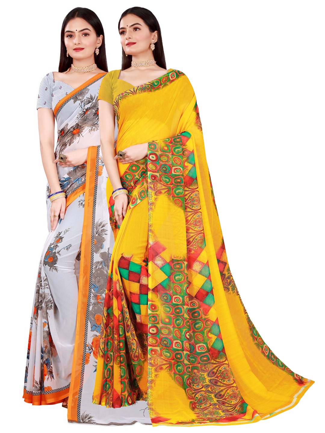 

Florence White & Orange Floral Pure Georgette Saree