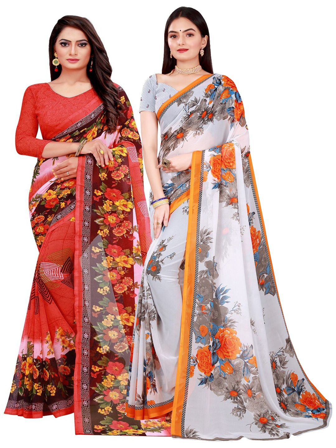 Florence White & Orange Floral Pure Georgette Saree