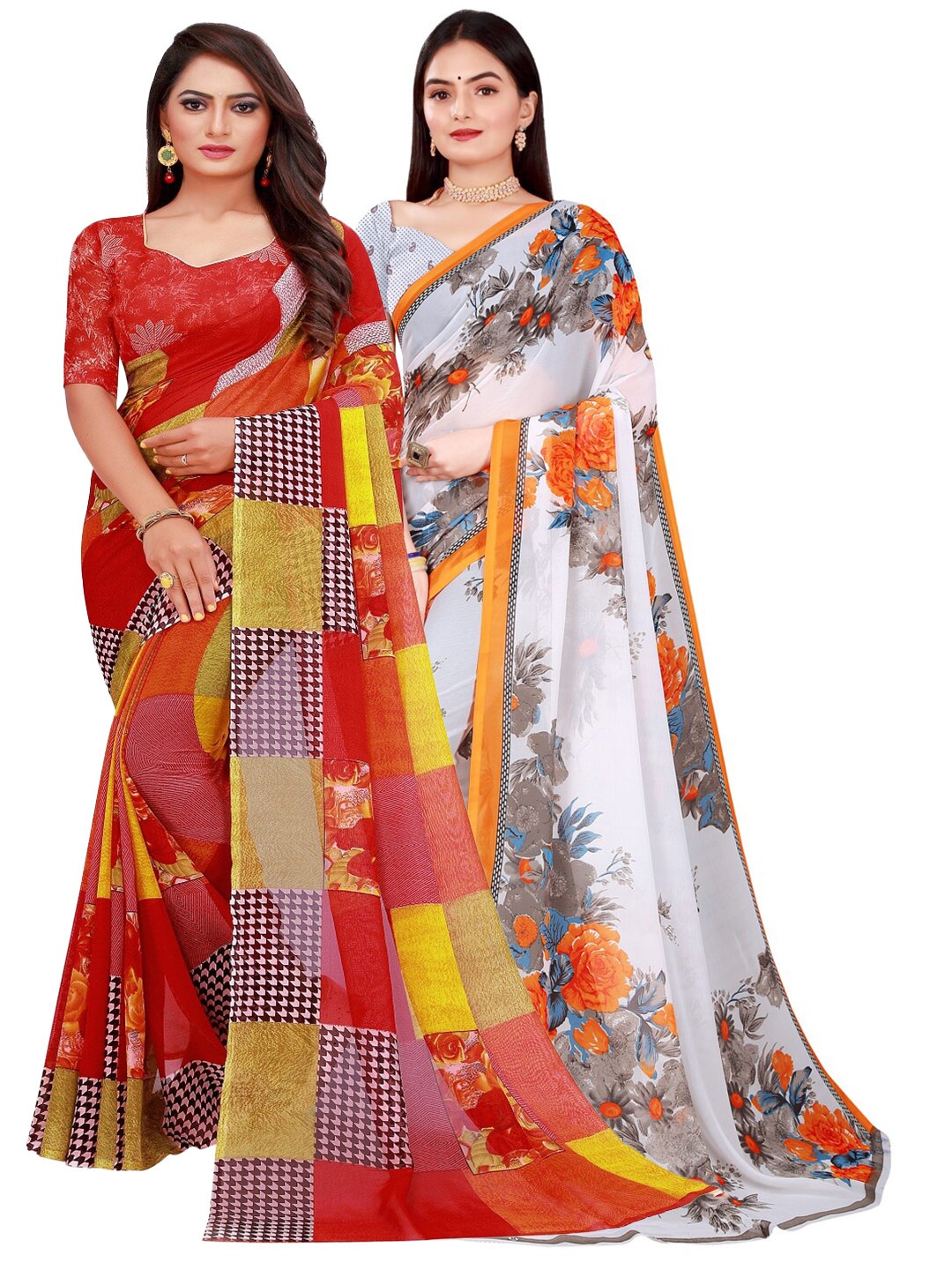 

Florence White & Red Floral Pure Georgette Saree