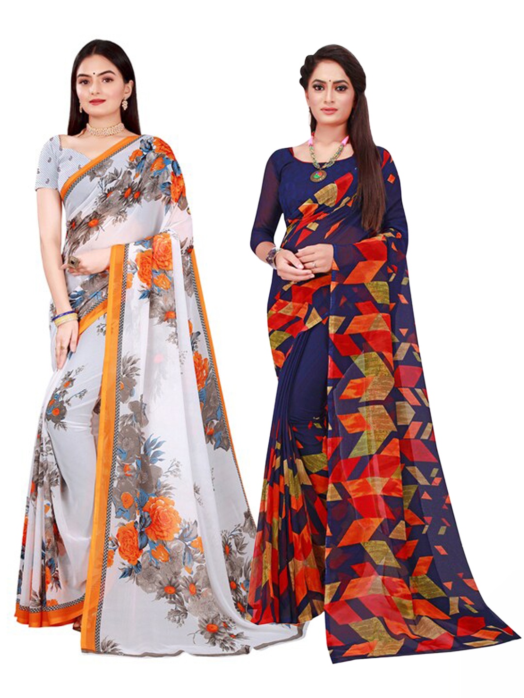 Florence White & Navy Blue Pure Georgette Saree