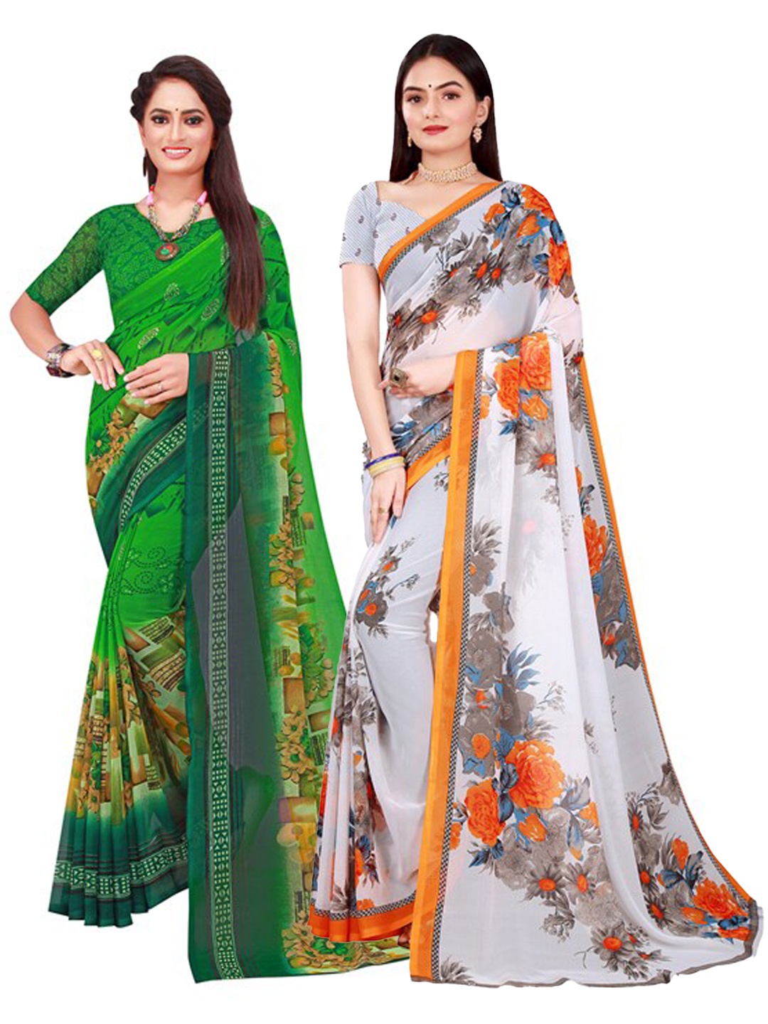 

Florence White & Green Floral Pure Georgette Saree