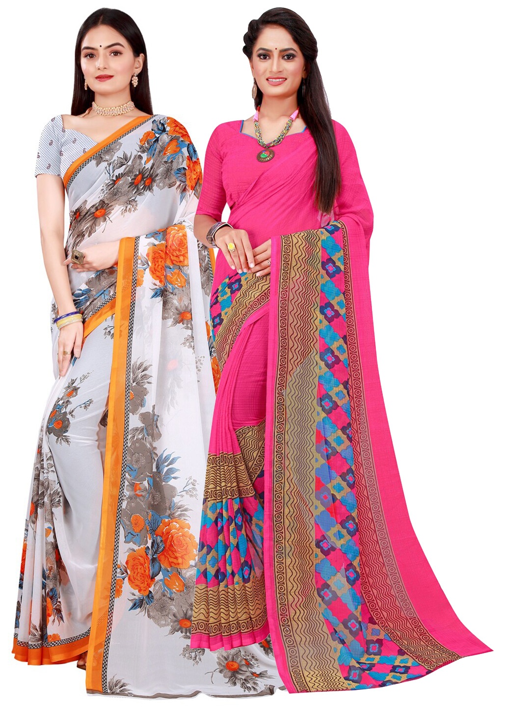 Florence White & Pink Floral Pure Georgette Saree