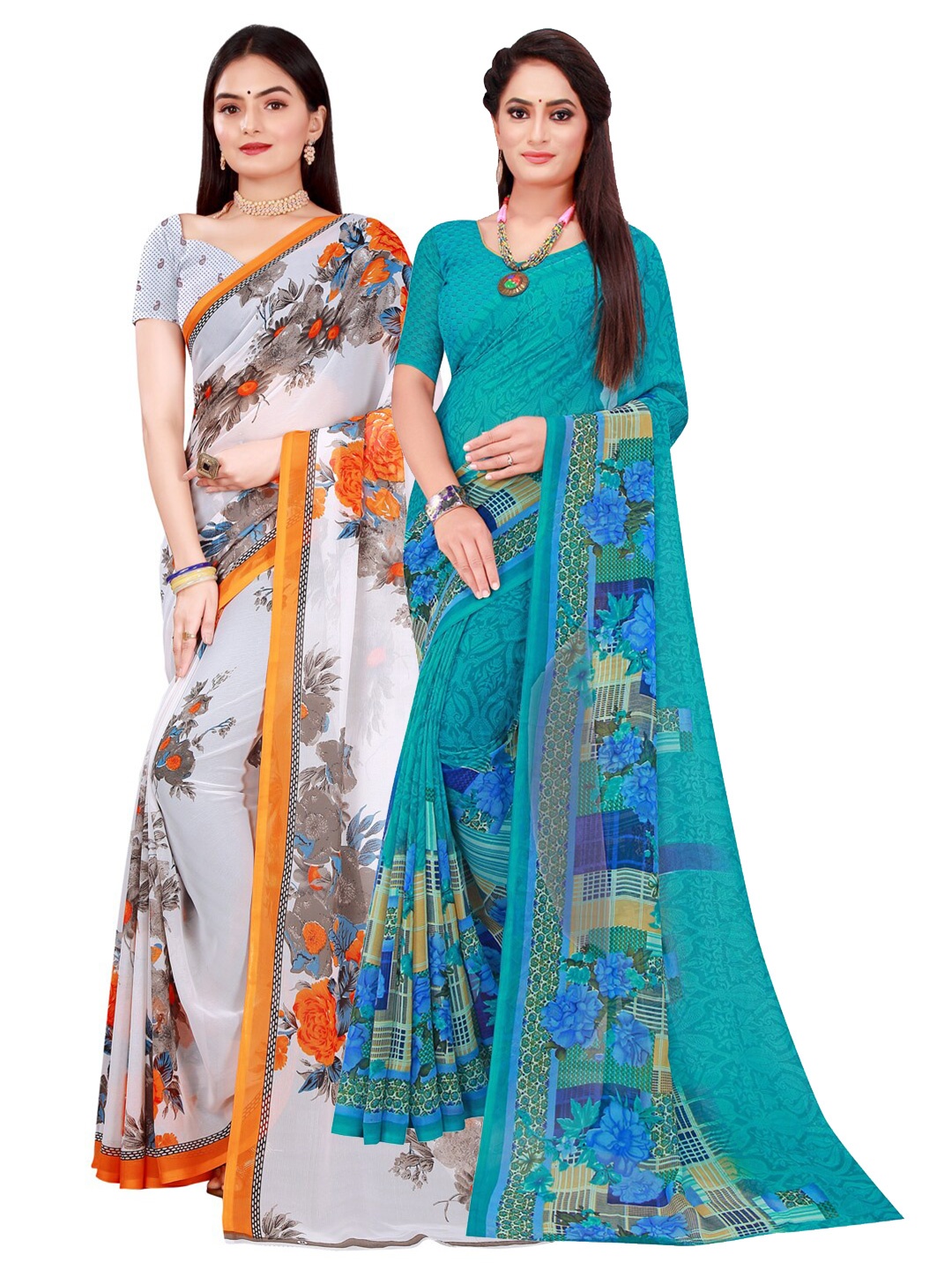 

Florence White & Orange Floral Pure Georgette Saree