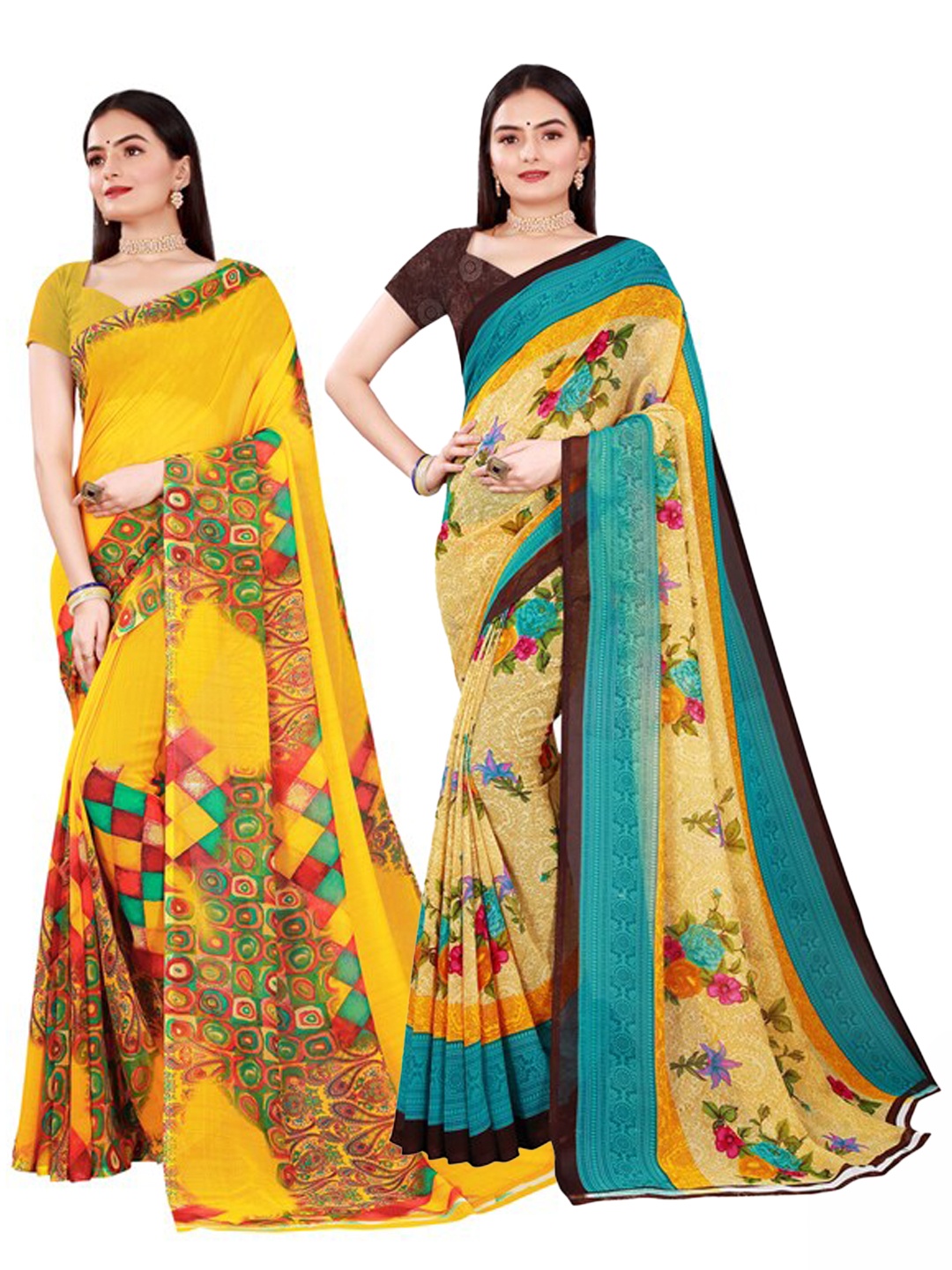 

Florence Yellow & Beige Floral Pure Georgette Saree