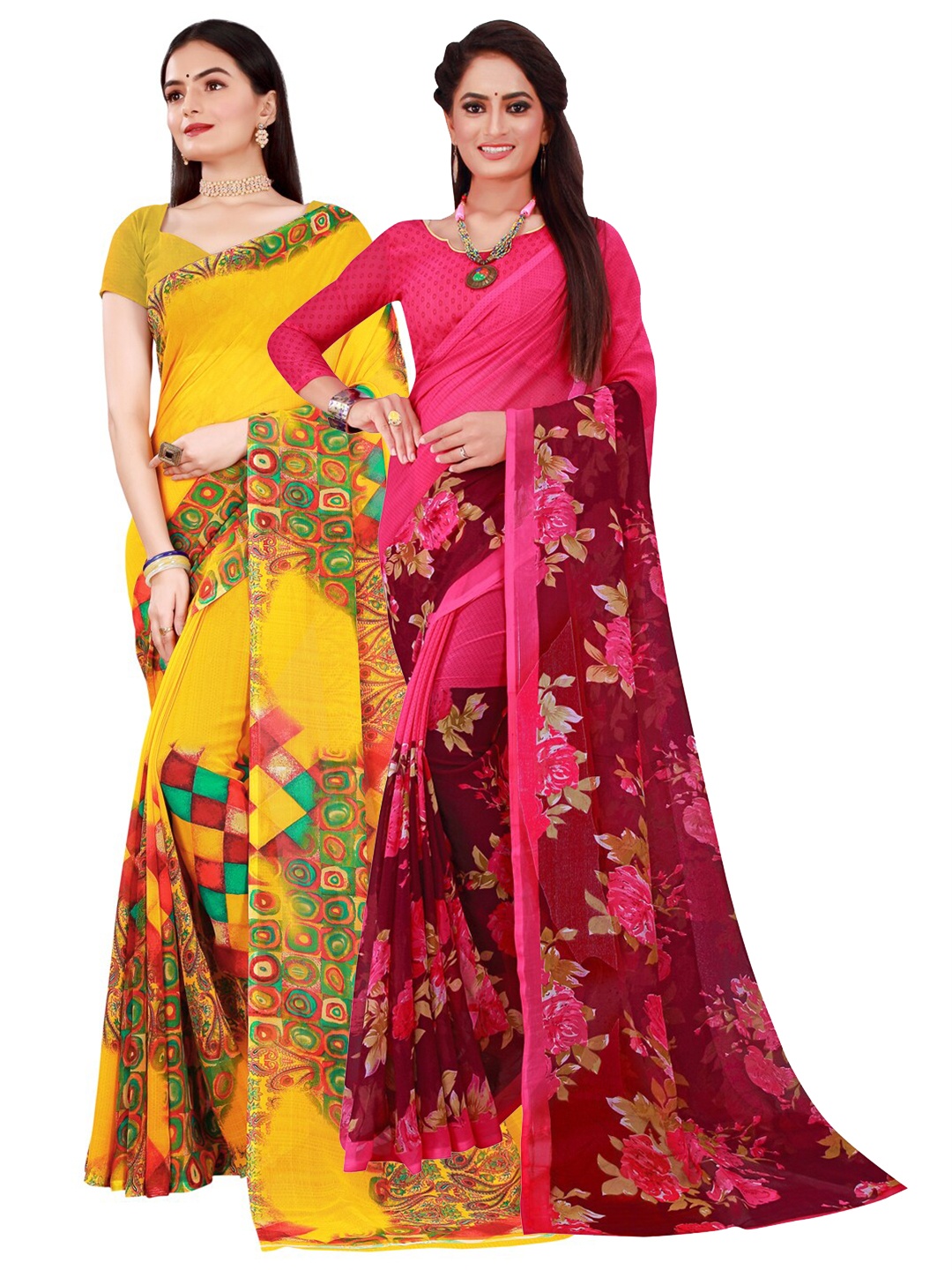 Florence Yellow & Magenta Pure Georgette Saree