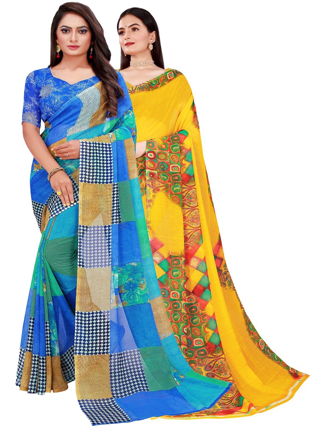 

Florence Yellow & Blue Pure Georgette Saree