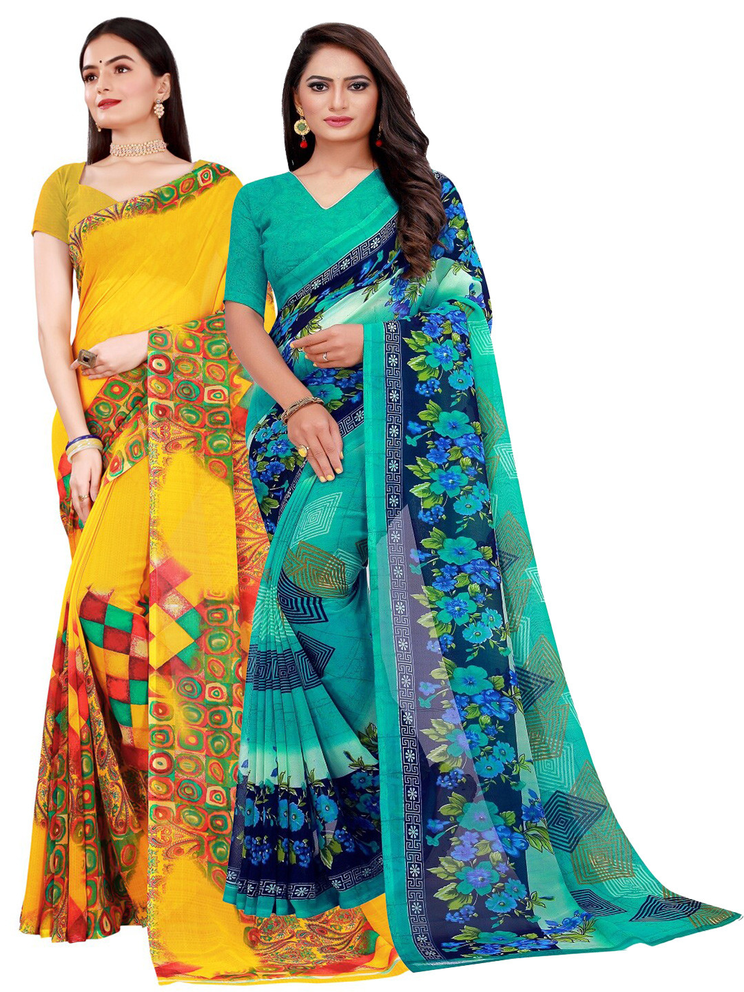 

Florence Yellow & Turquoise Blue Pure Georgette Saree