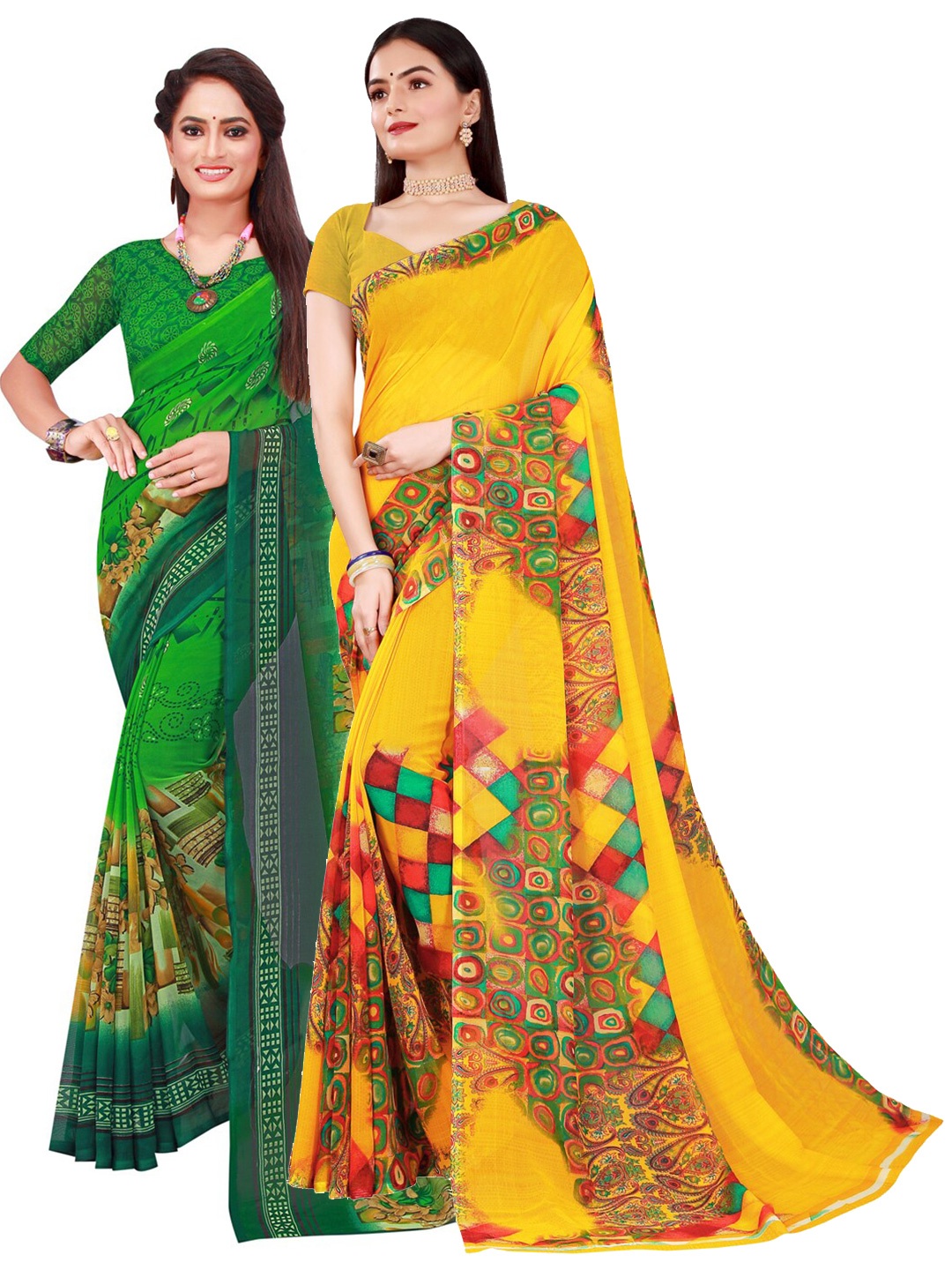 

Florence Yellow & Green Pure Georgette Saree