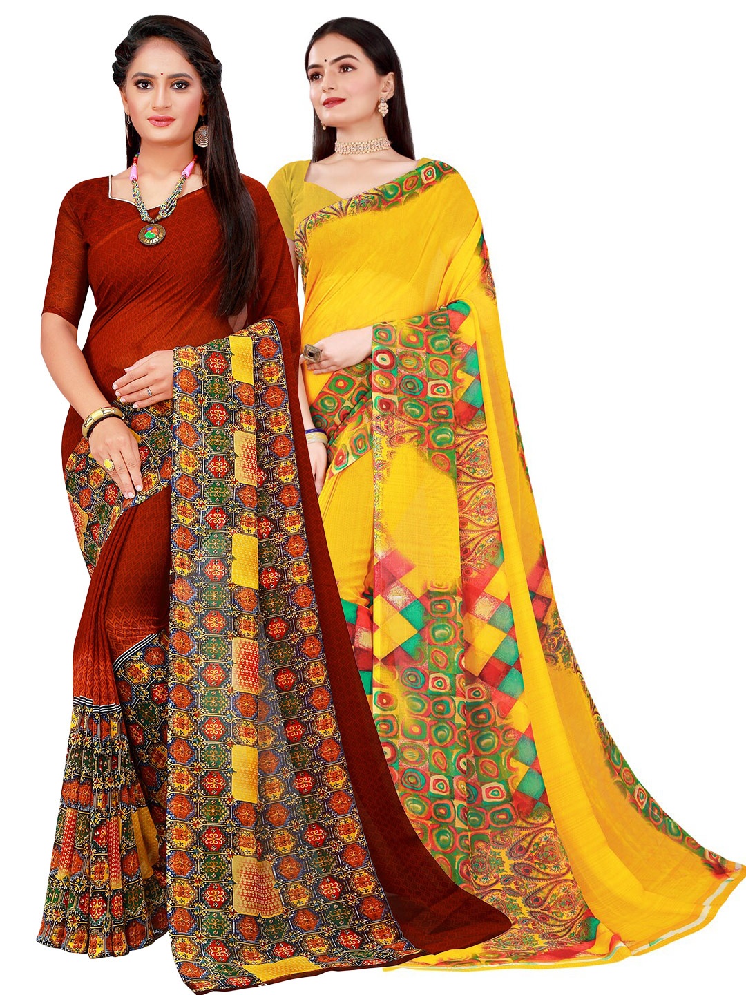 

Florence Yellow & Maroon Pure Georgette Saree