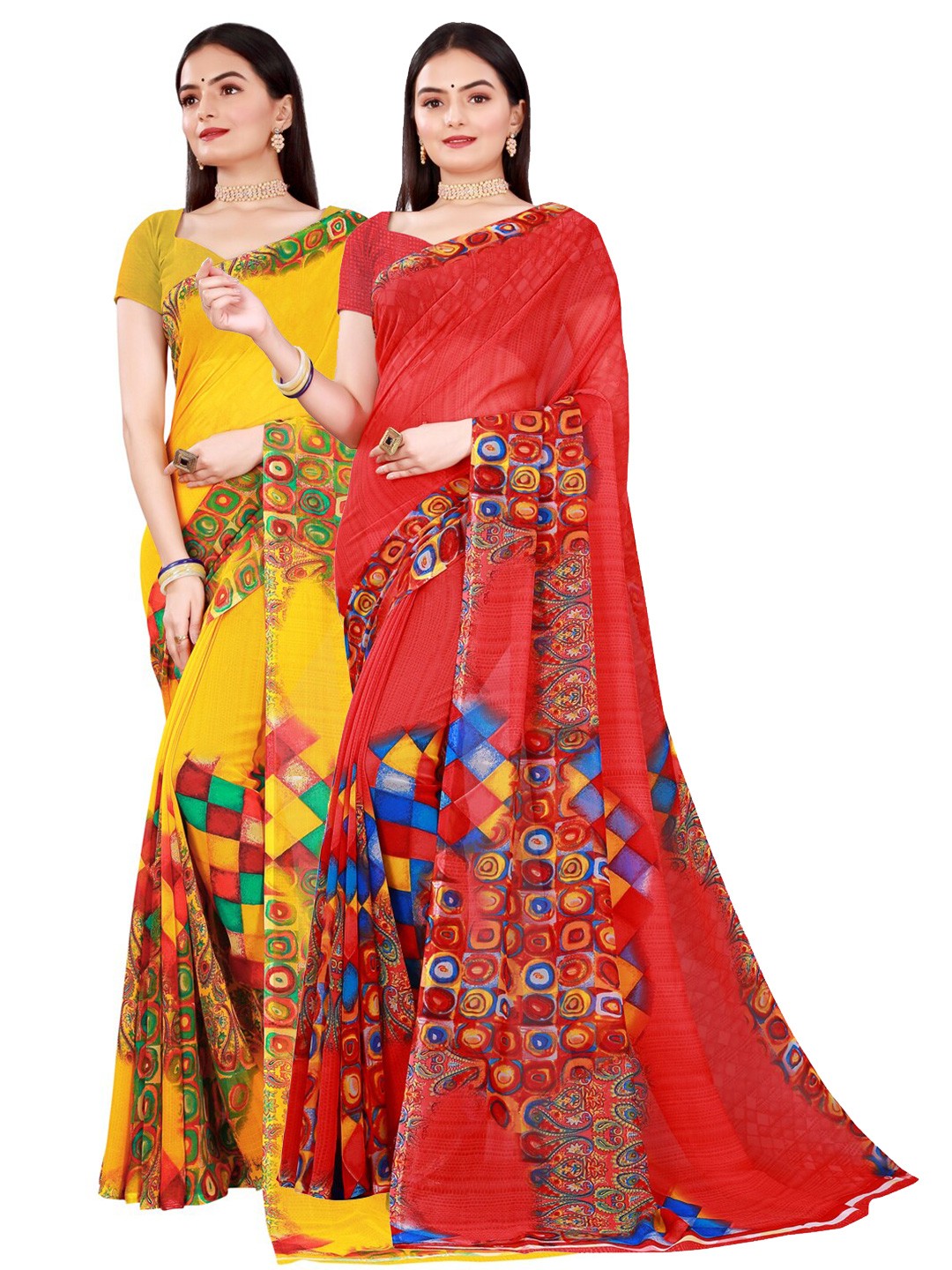 

Florence Yellow & Red Pure Georgette Saree