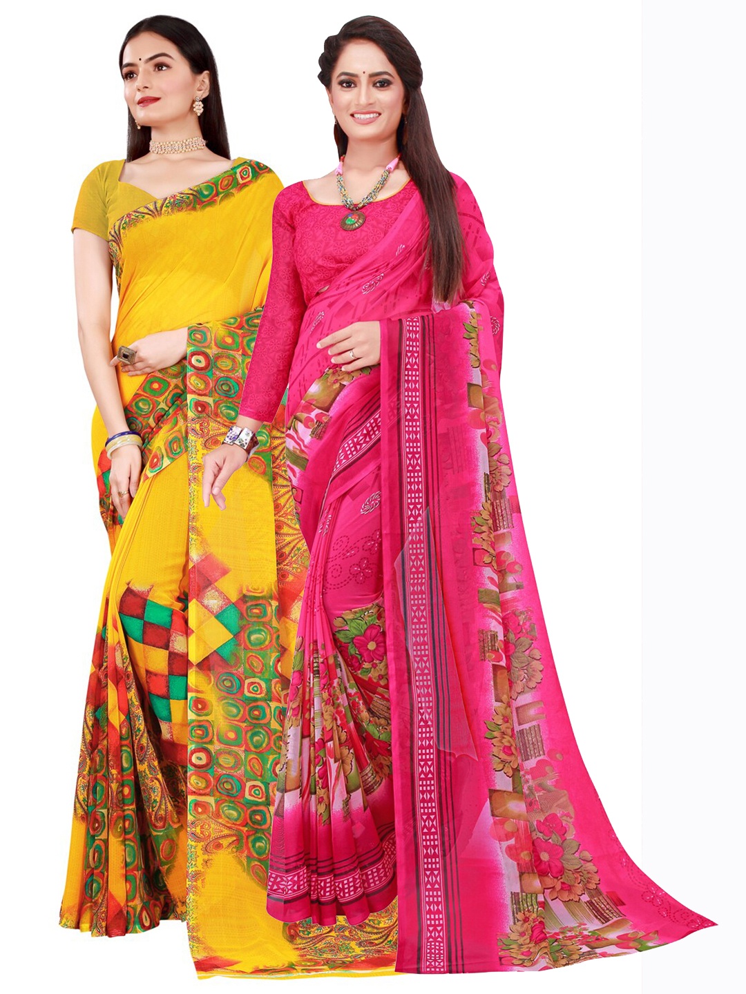 

Florence Yellow & Magenta Floral Pure Georgette Saree
