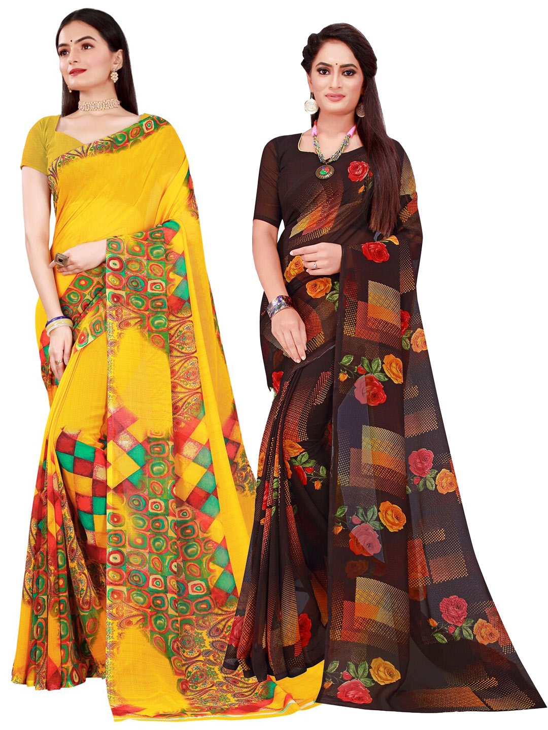 Florence Yellow & Black Floral Pure Georgette Saree