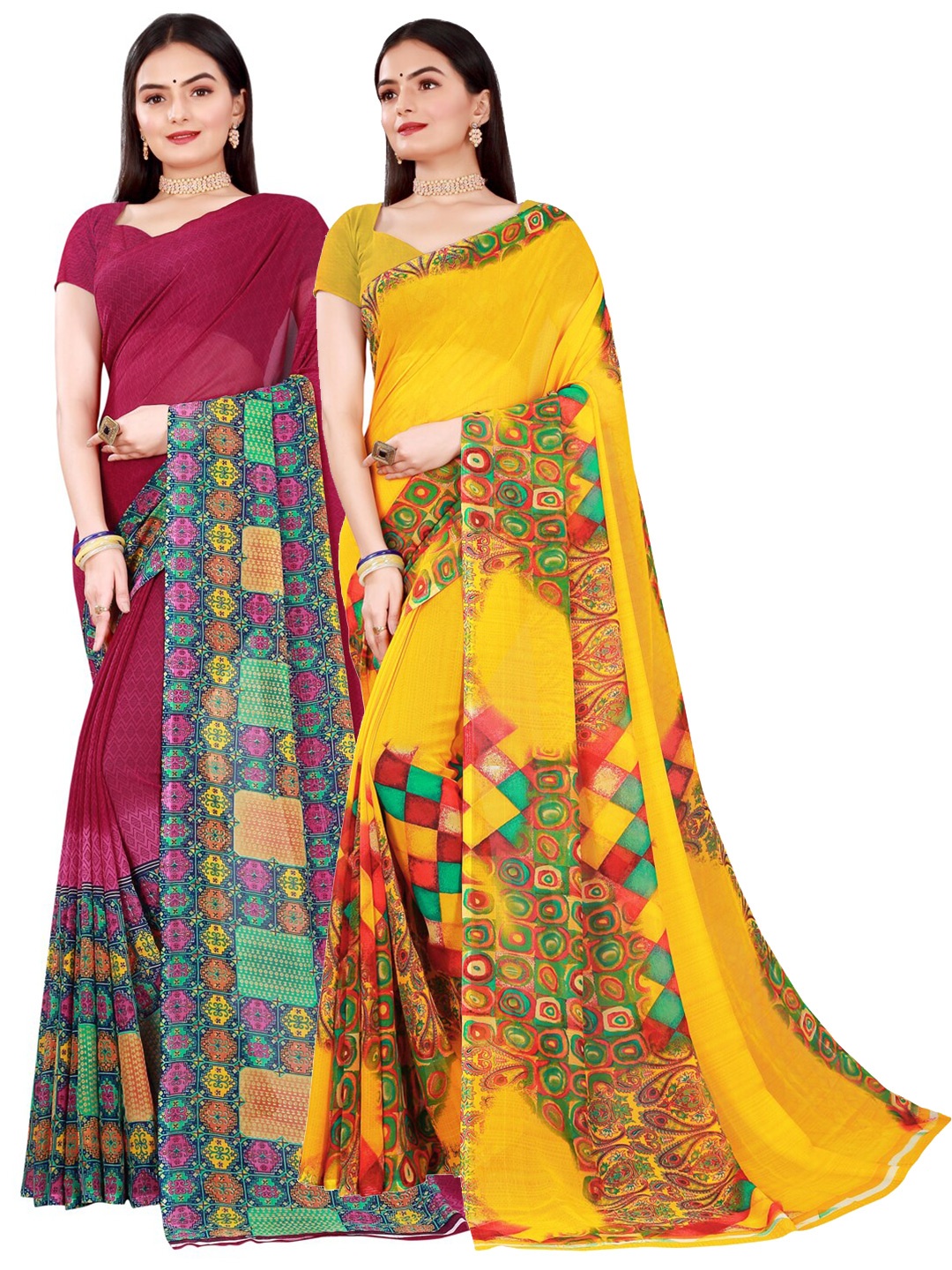 

Florence Yellow & Maroon Pure Georgette Saree