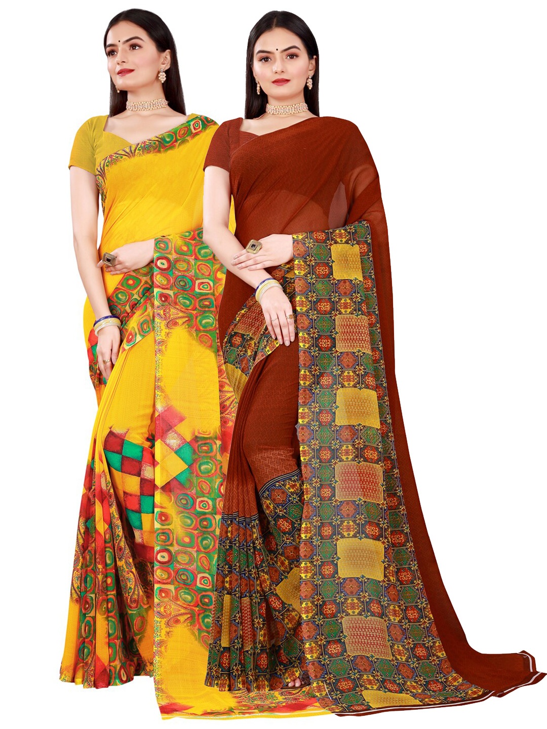 

Florence Yellow & Maroon Pure Georgette Saree