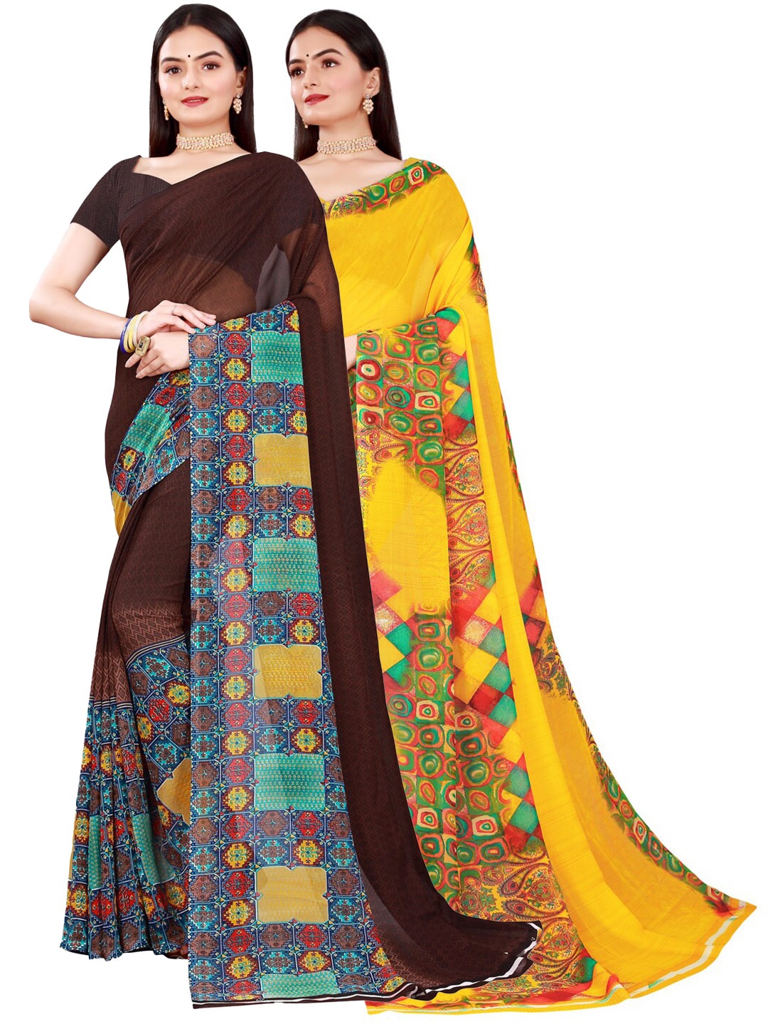 

Florence Yellow & Brown Pure Georgette Saree