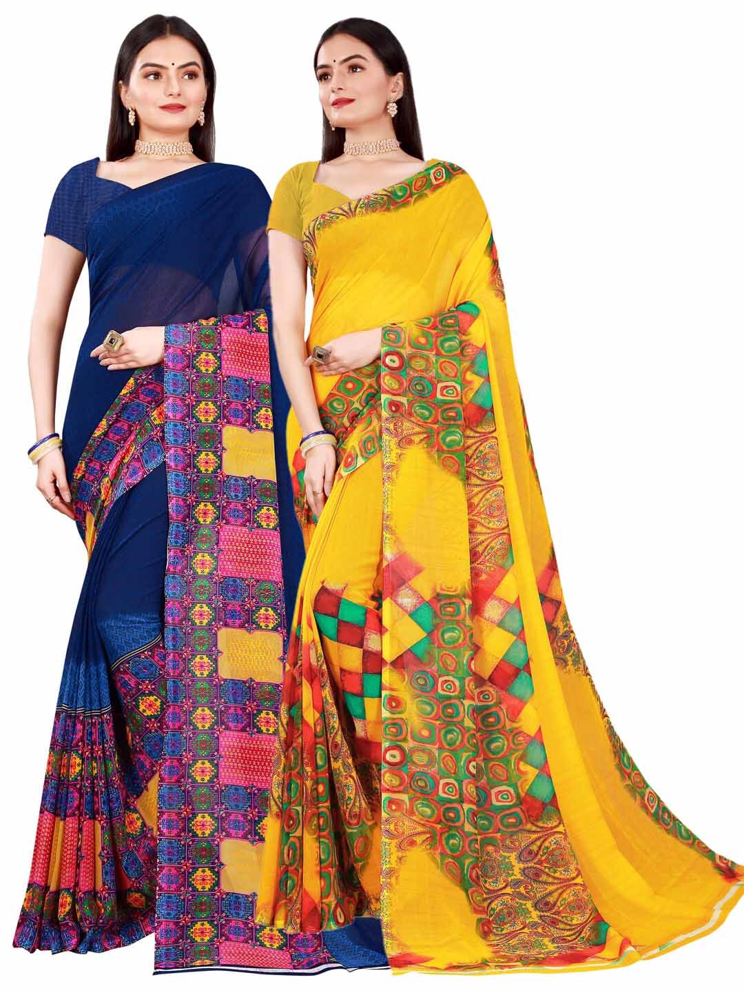 

Florence Yellow & Navy Blue Pure Georgette Saree