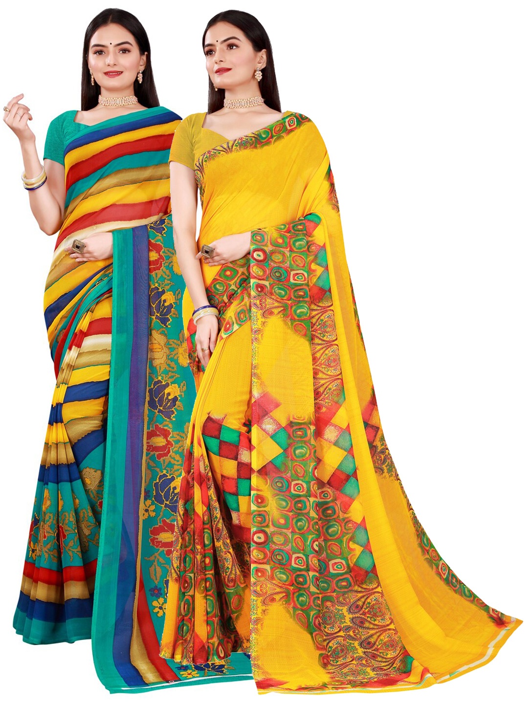Florence Yellow & Blue Pure Georgette Saree