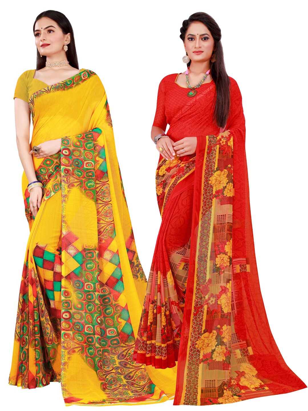 

Florence Yellow & Red Pure Georgette Saree