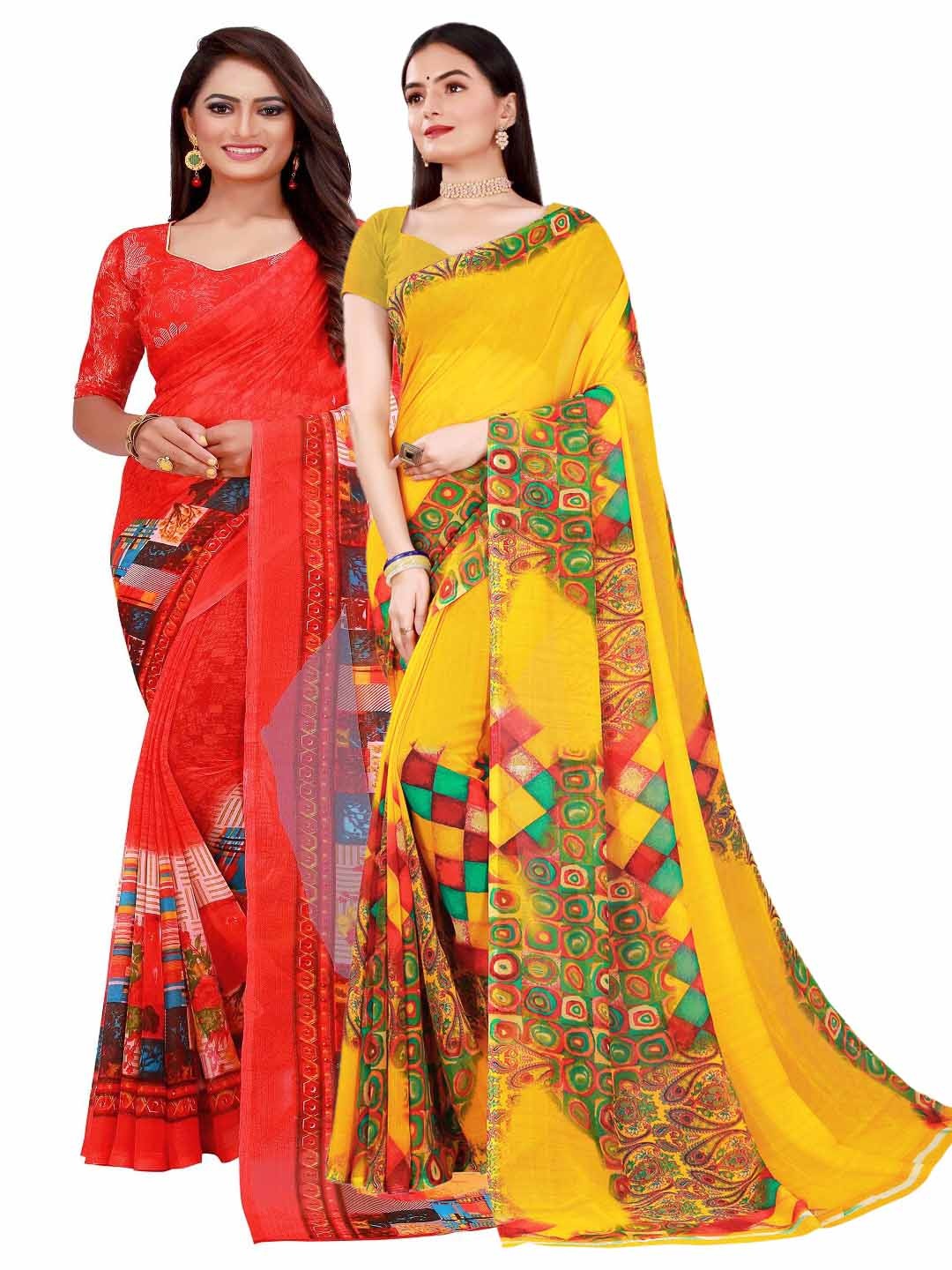 

Florence Yellow & Red Pure Georgette Saree