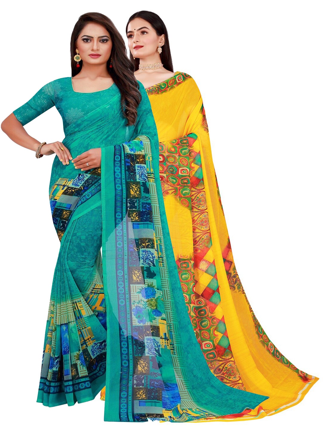

Florence Yellow & Turquoise Blue Pure Georgette Saree