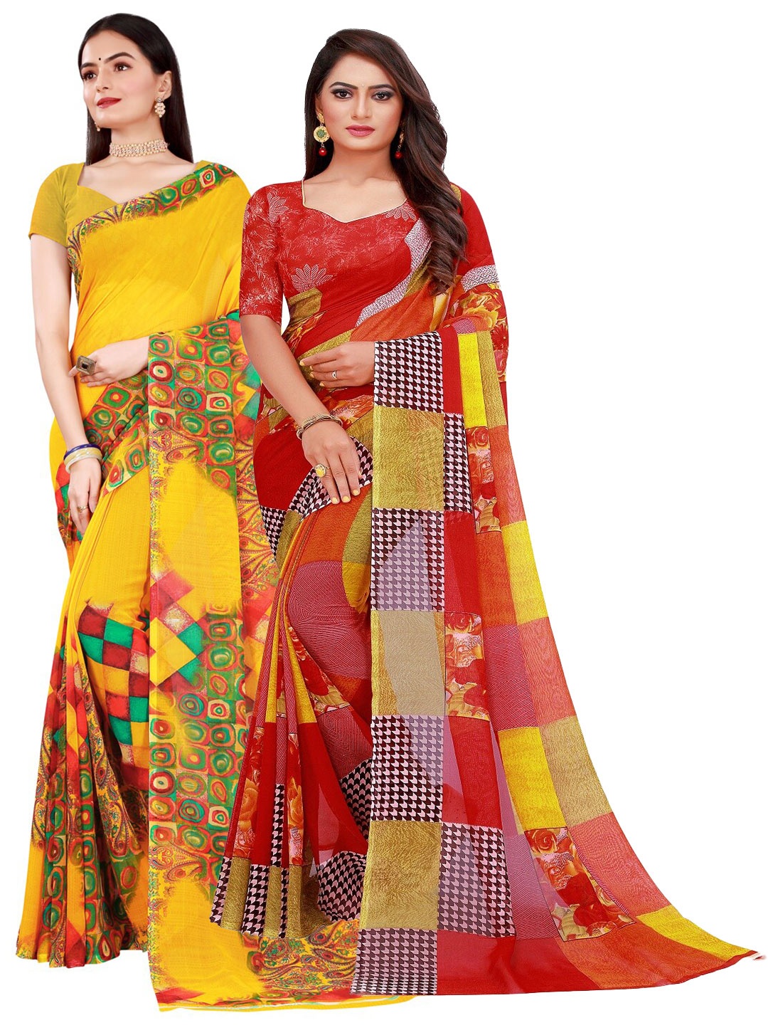 

Florence Yellow & Red Pure Georgette Saree