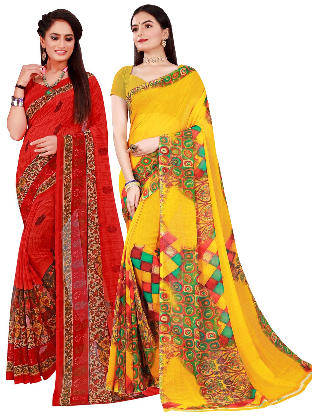 

Florence Yellow & Red Pure Georgette Saree