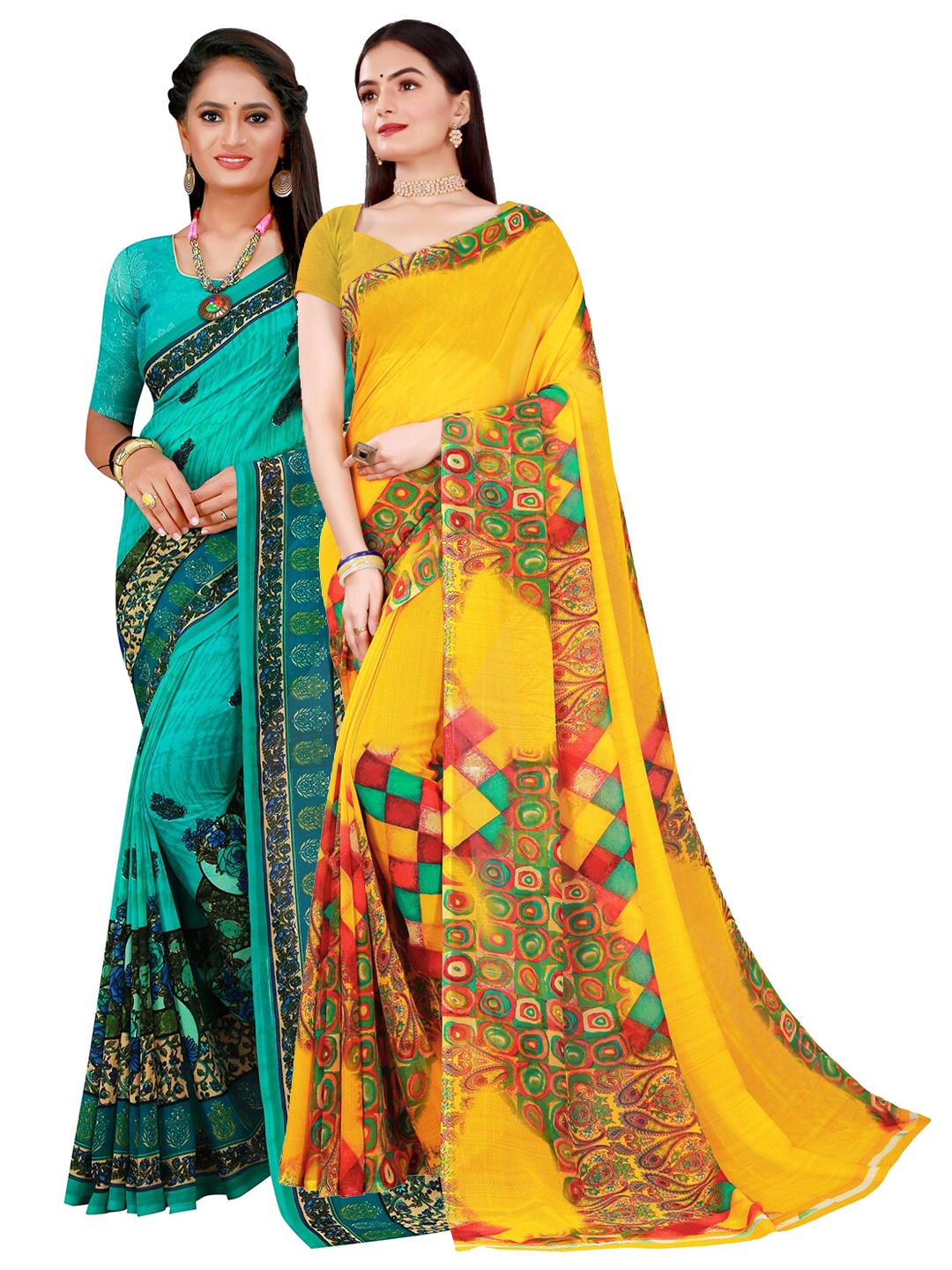 Florence Yellow & Turquoise Blue Pure Georgette Saree