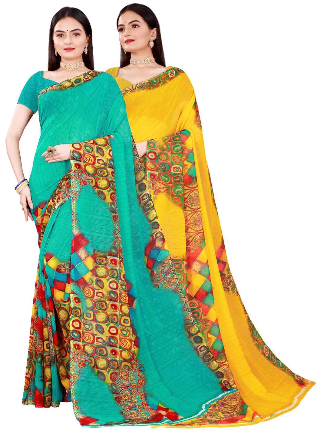 

Florence Yellow & Green Pure Georgette Saree