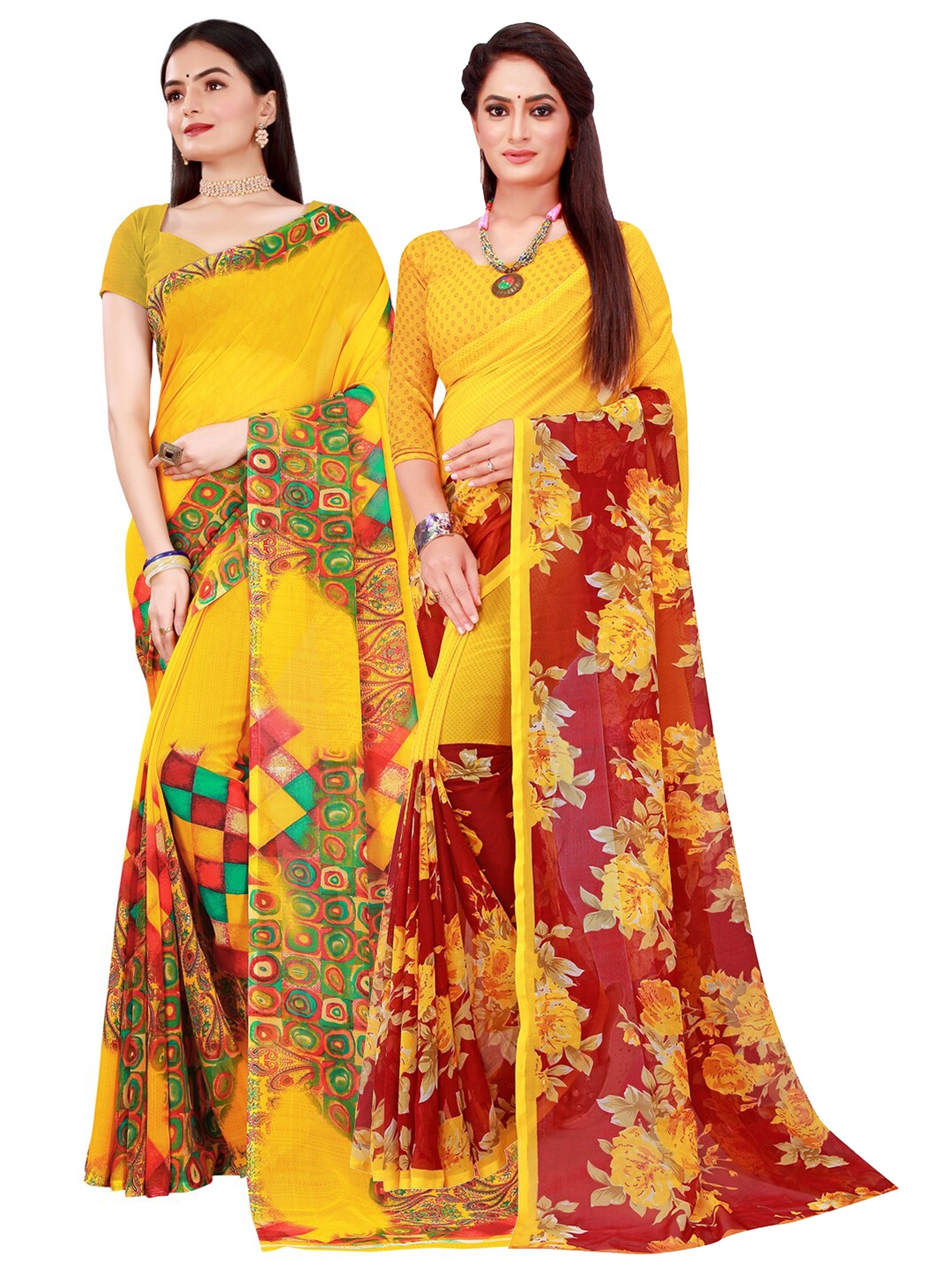 

Florence Yellow & Maroon Pure Georgette Saree