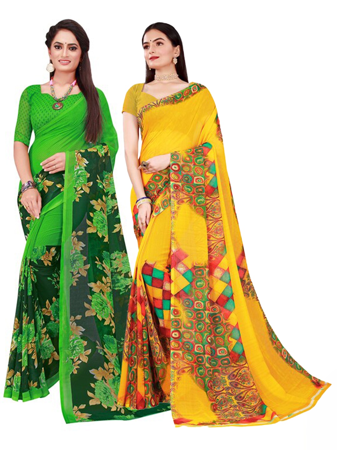 

Florence Yellow & Green Pure Georgette Saree