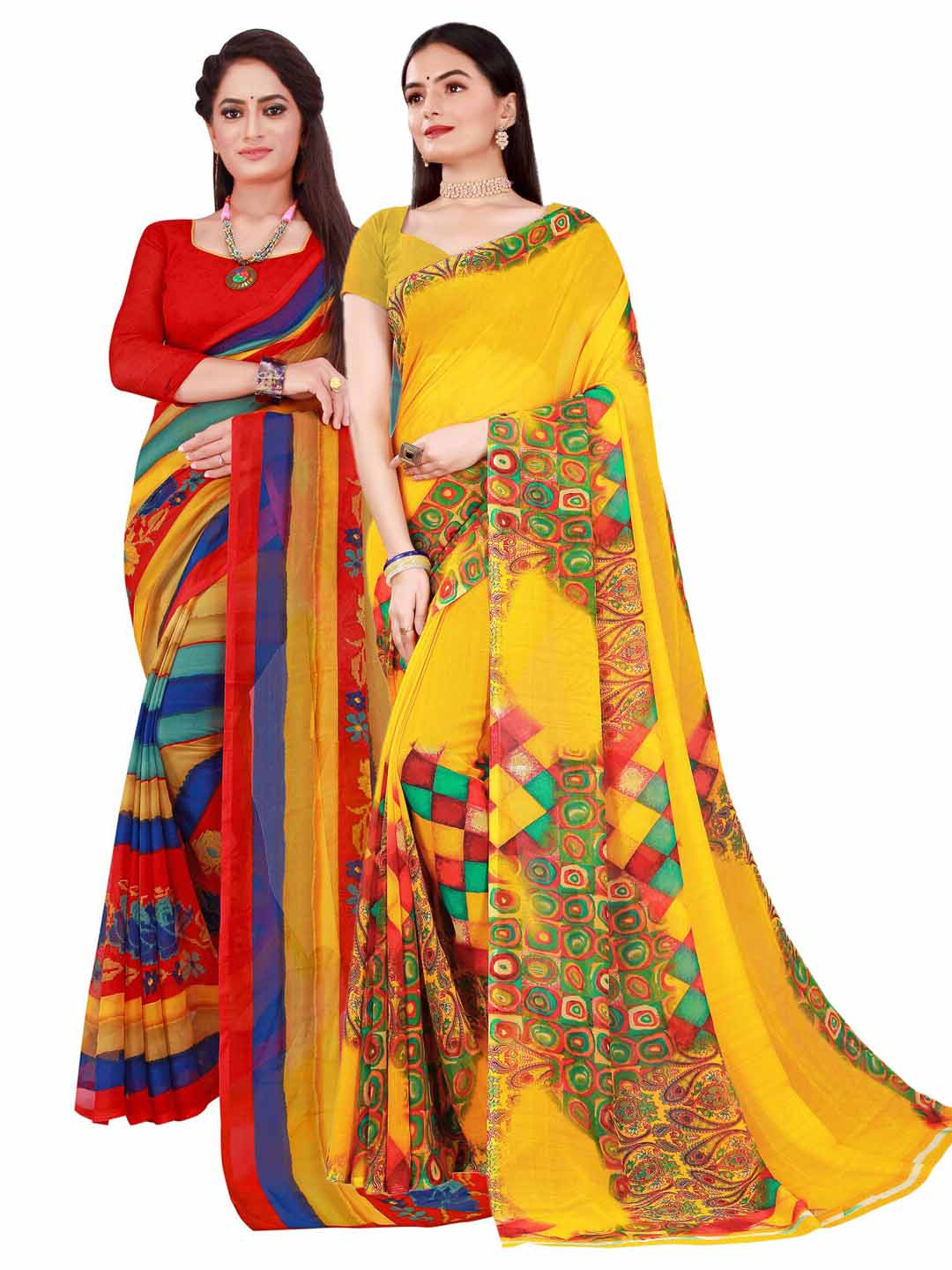 

Florence Yellow & Red Pure Georgette Saree