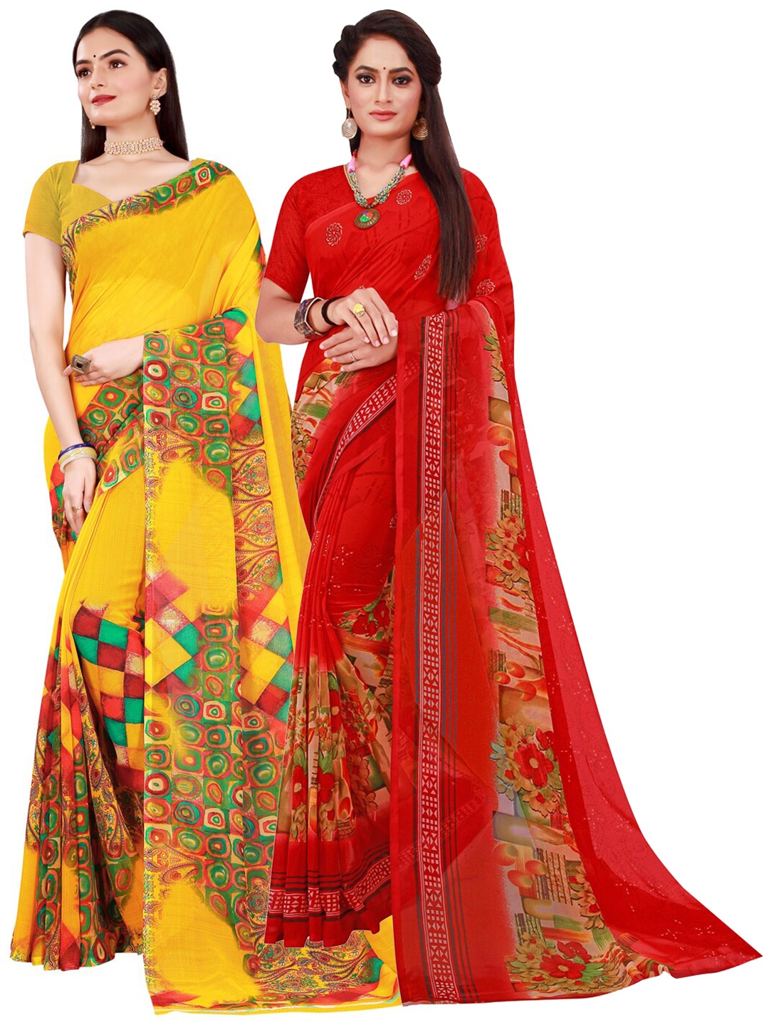 

Florence Yellow & Red Pure Georgette Saree
