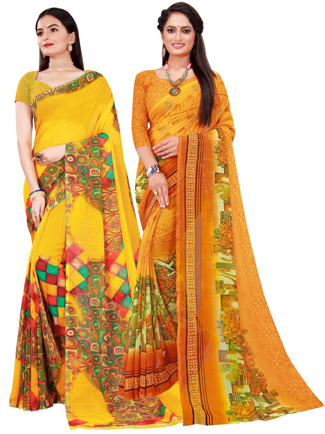 

Florence Yellow & Green Pure Georgette Saree