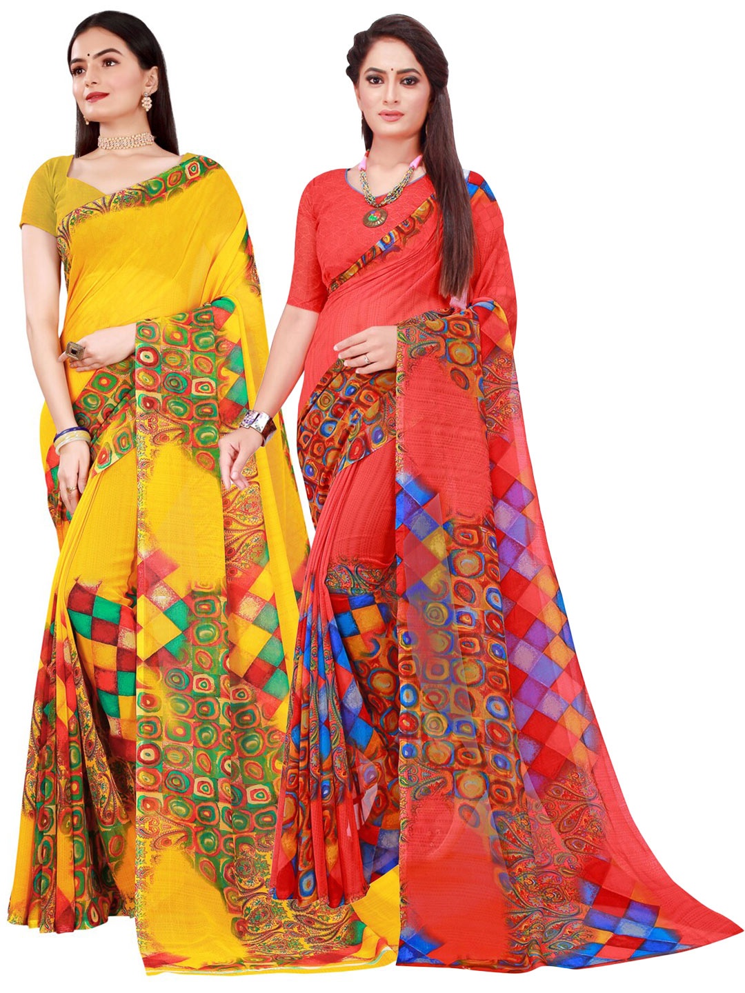

Florence Yellow & Red Pure Georgette Saree
