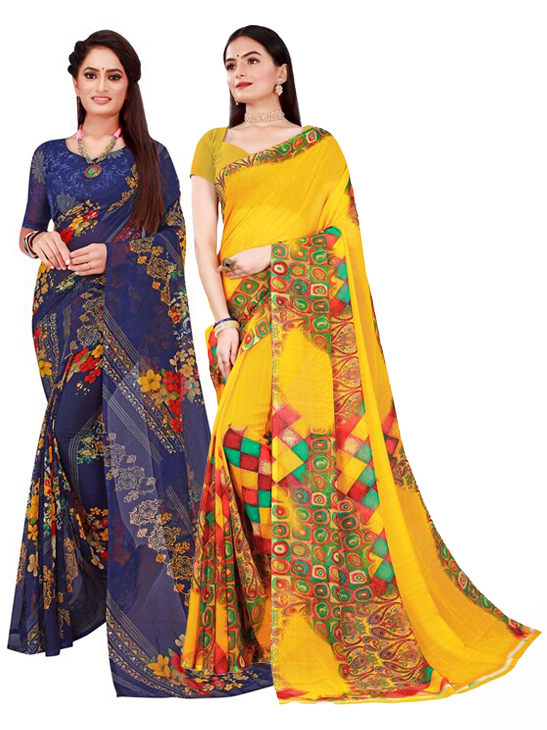 

Florence Yellow & Navy Blue Pure Georgette Saree