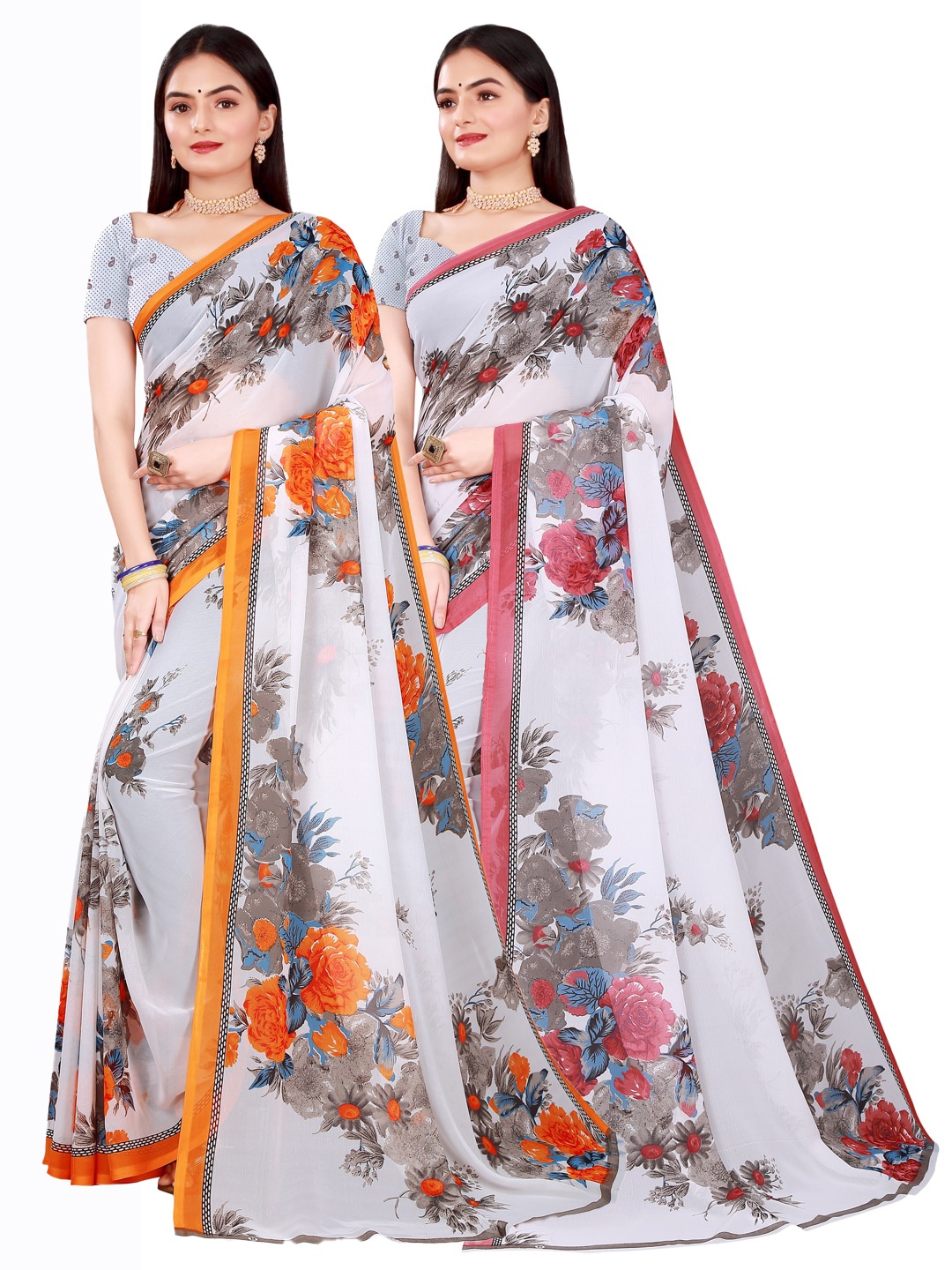 

KALINI White & Orange Pure Georgette Saree