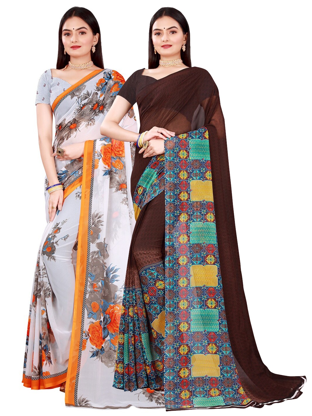 

KALINI White & Brown Pure Georgette Saree